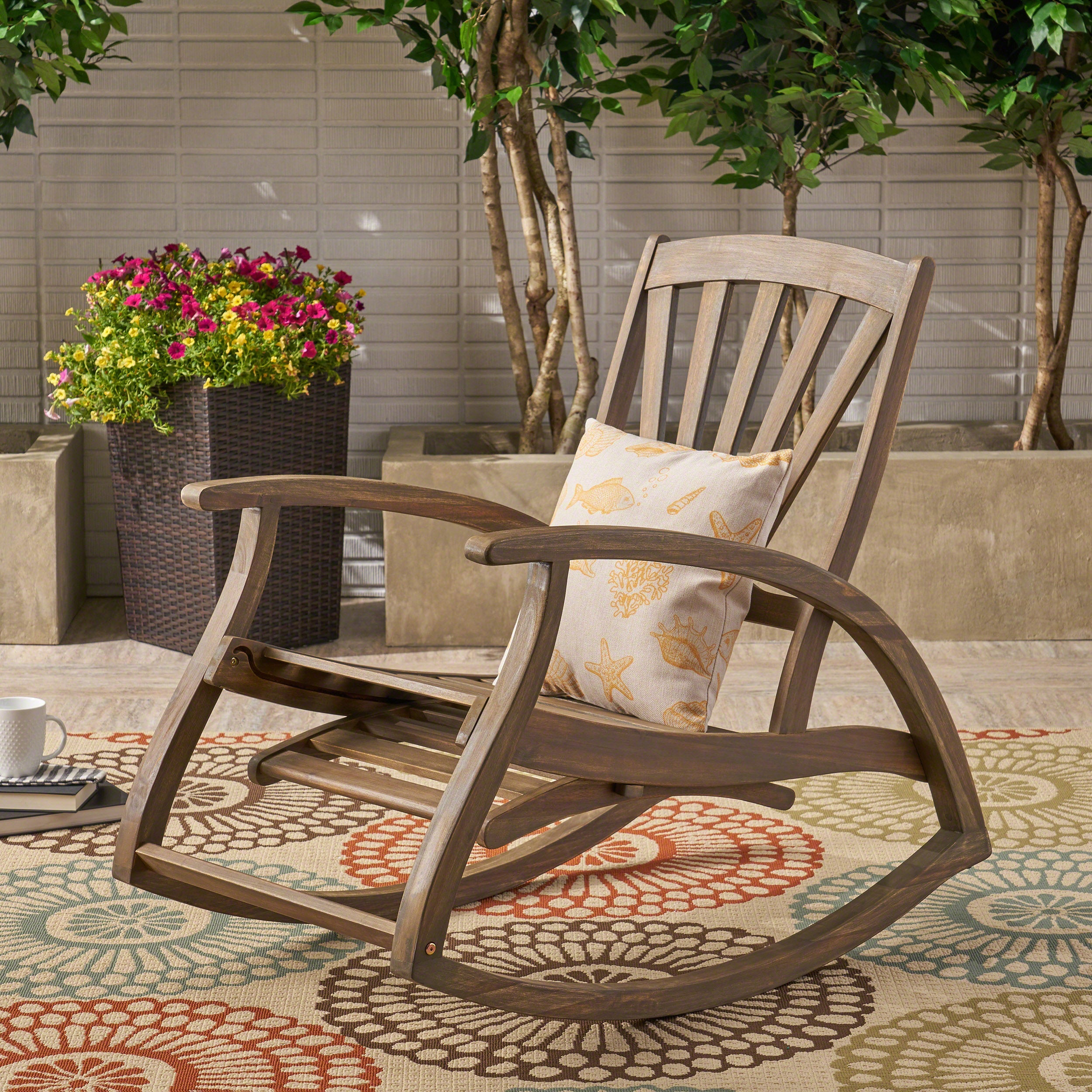 Outdoor Acacia Wood Rocking Chair with Retractable Foot Rest