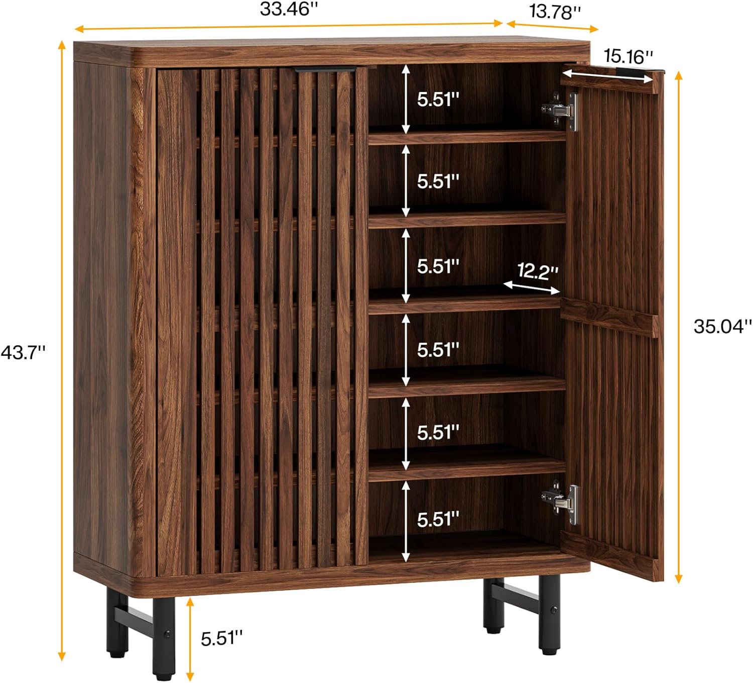 Modern Black Wooden 6-Tier Shoe Cabinet with Louvered Doors