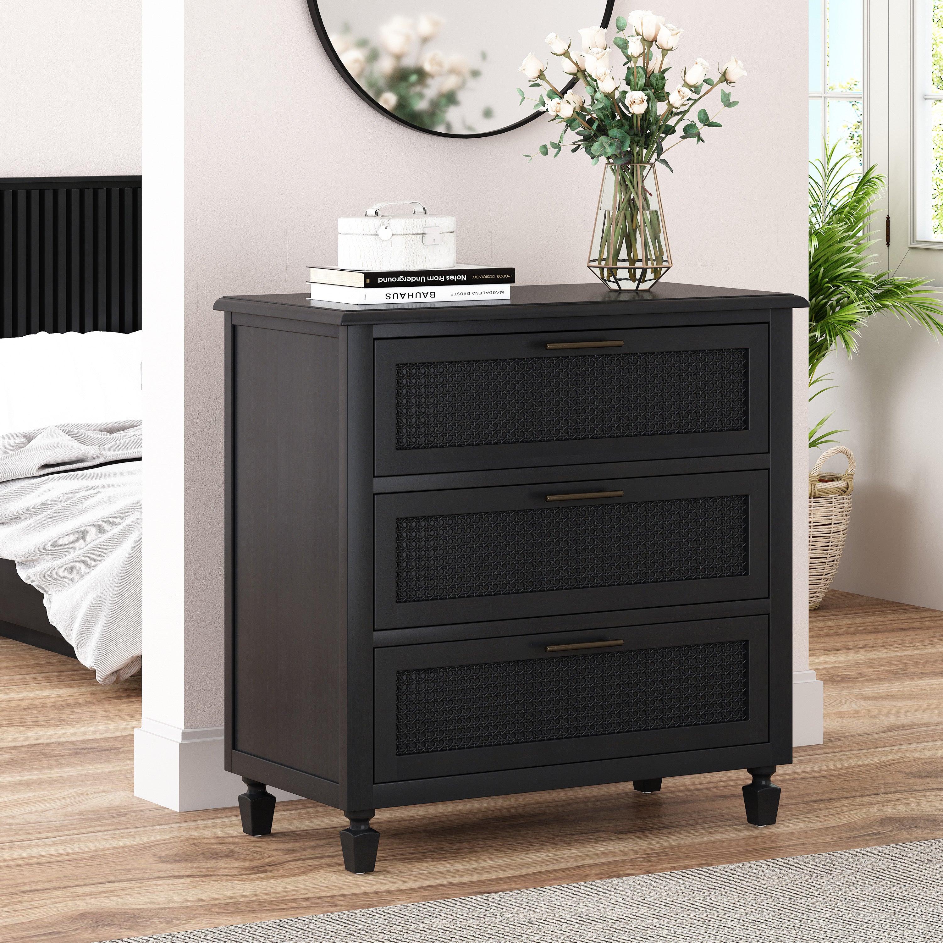 Black 3-Drawer Dresser with Cane Accent