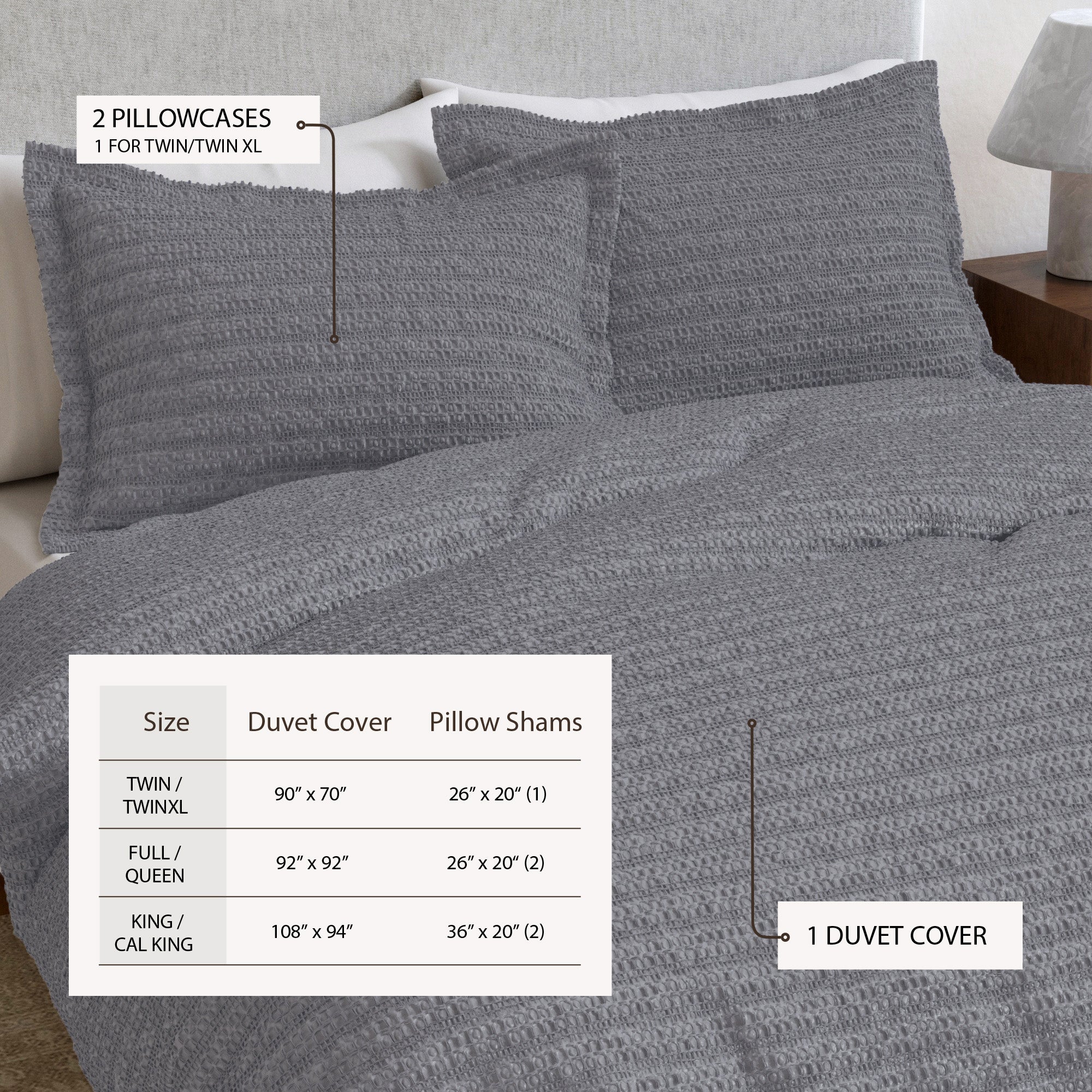 100% Cotton Honeycomb Waffle Textured Duvet Cover with Pillow Shams