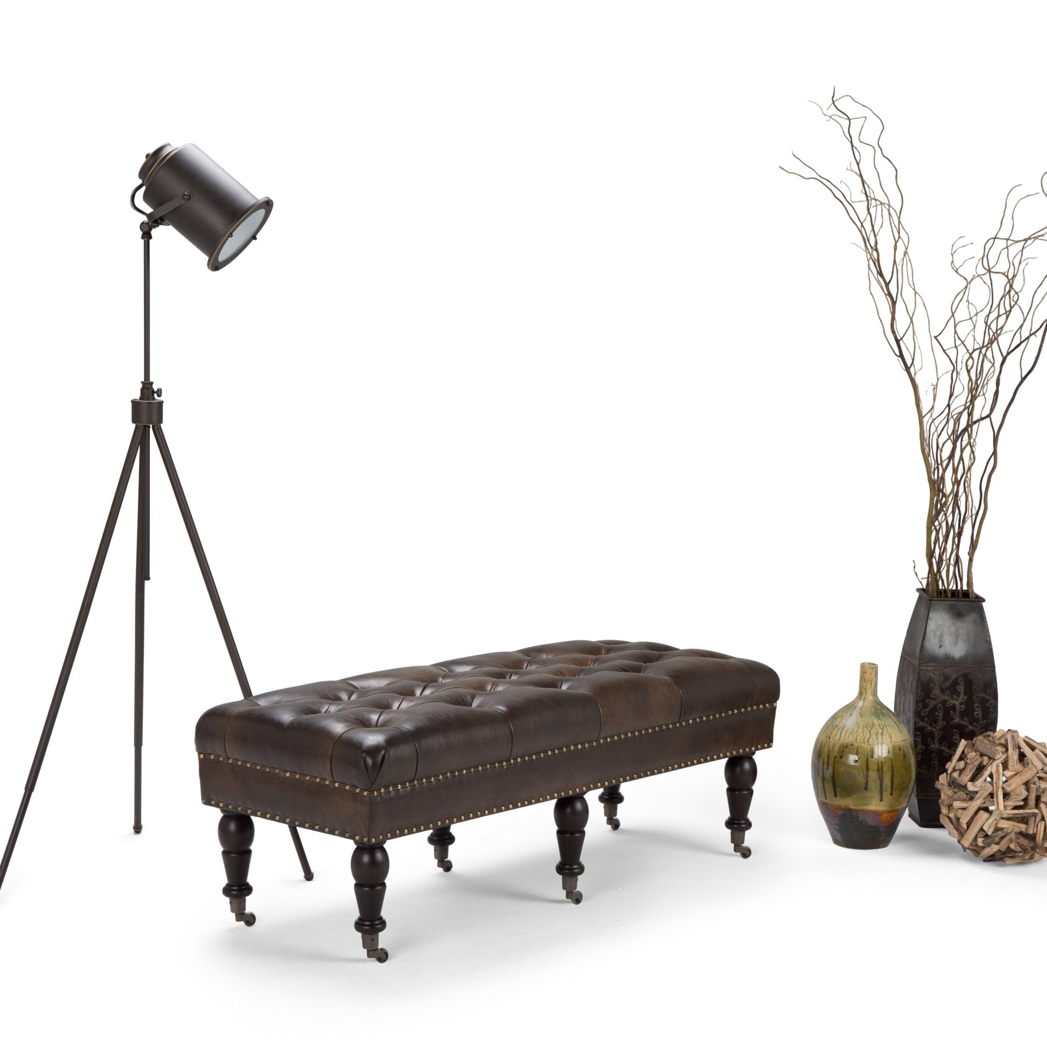 Fortune Upholstered Ottoman Bench with Tufted Top, Nailhead Trim and Carved Legs - Benches