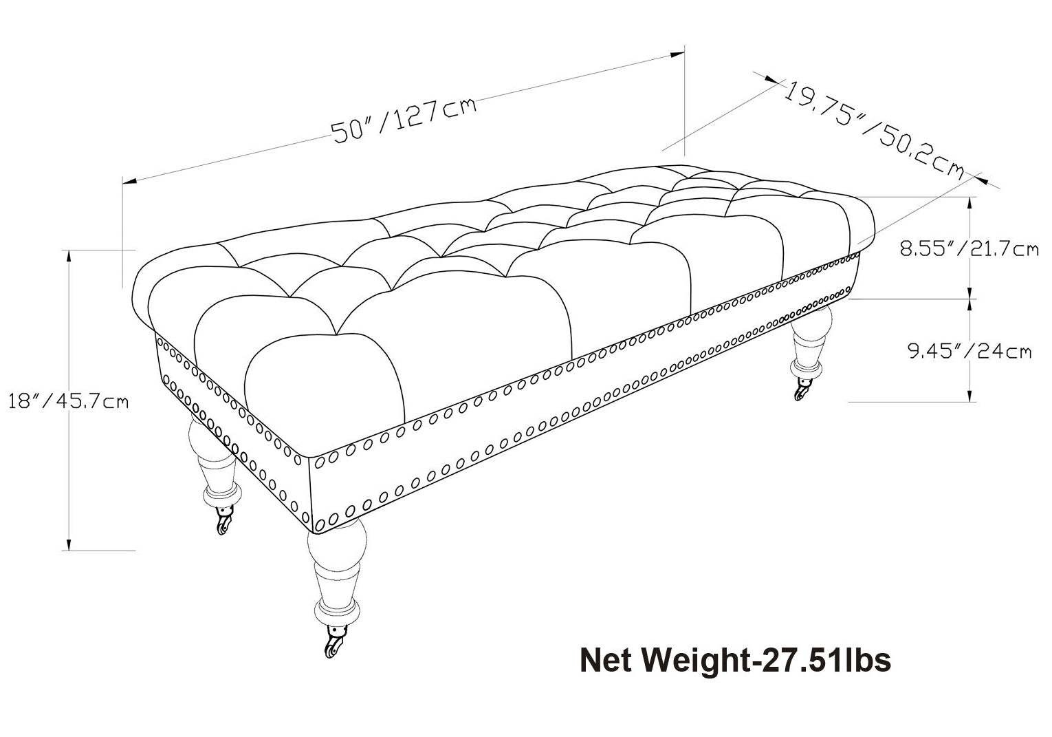 Fortune Upholstered Ottoman Bench with Tufted Top, Nailhead Trim and Carved Legs - Benches