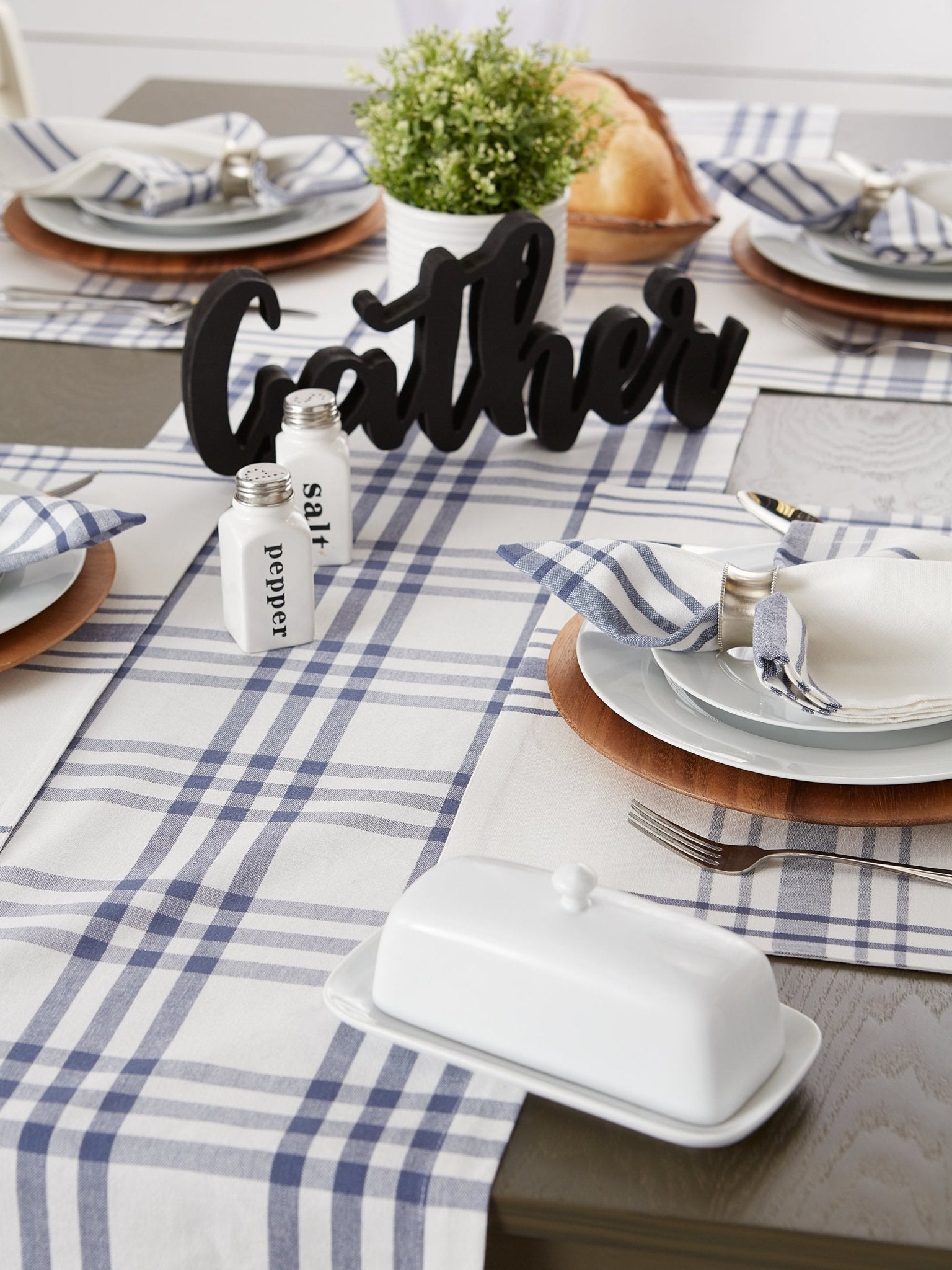 French Blue Farm To Table Check Table Runner 14X72 - Table Runners