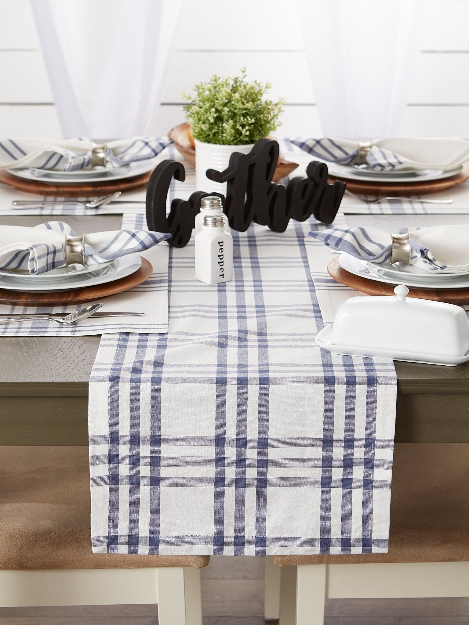 French Blue Farm To Table Check Table Runner 14X72 - Table Runners