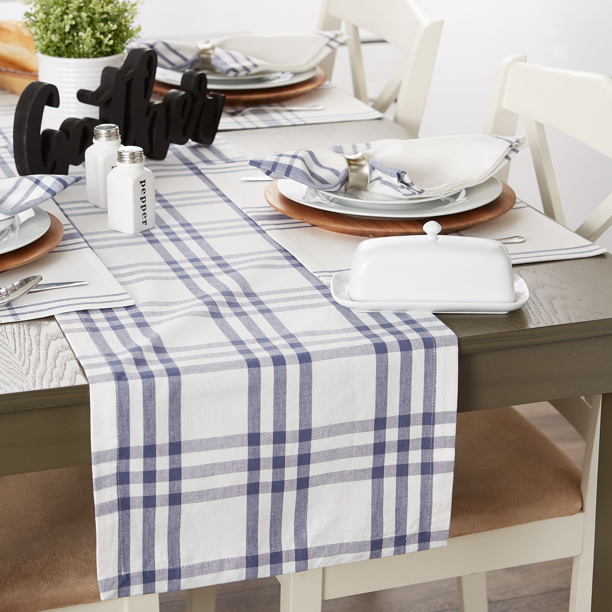 French Blue Farm To Table Check Table Runner 14X72 - Table Runners