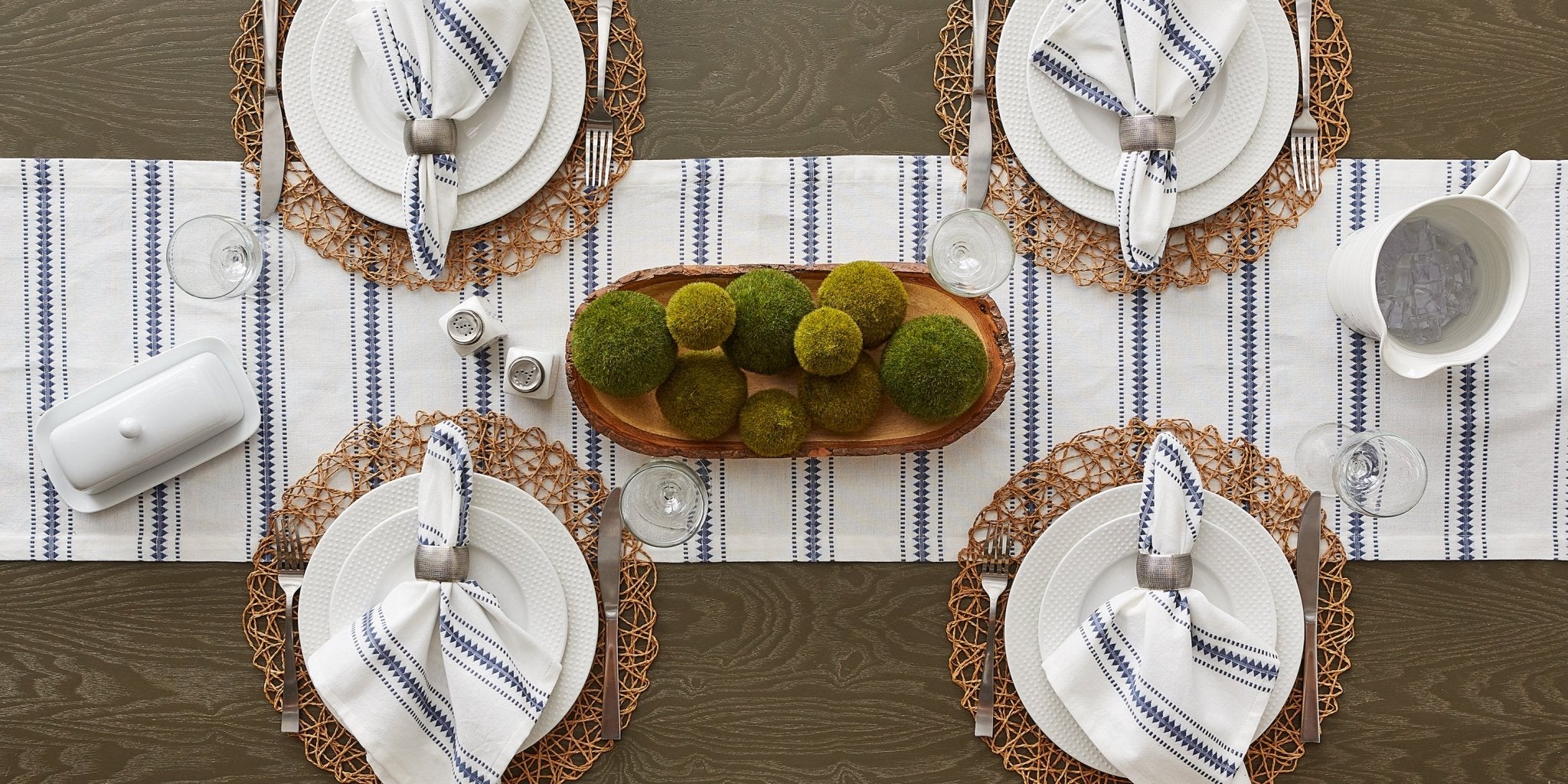 French Blue Zig Dobby Stripe Table Runner 14X108 - Table Runners