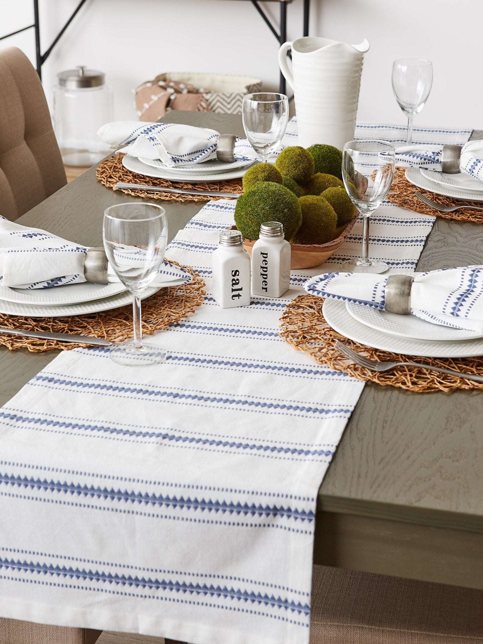 French Blue Zig Dobby Stripe Table Runner 14X108 - Table Runners