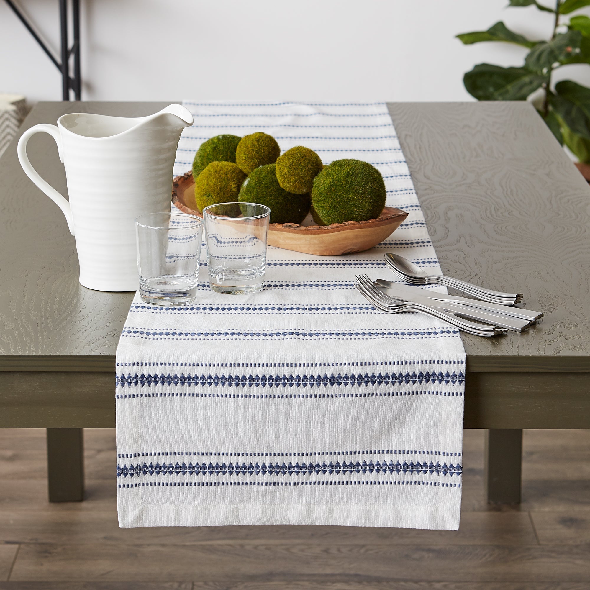 French Blue Zig Dobby Stripe Table Runner 14X108 - Table Runners
