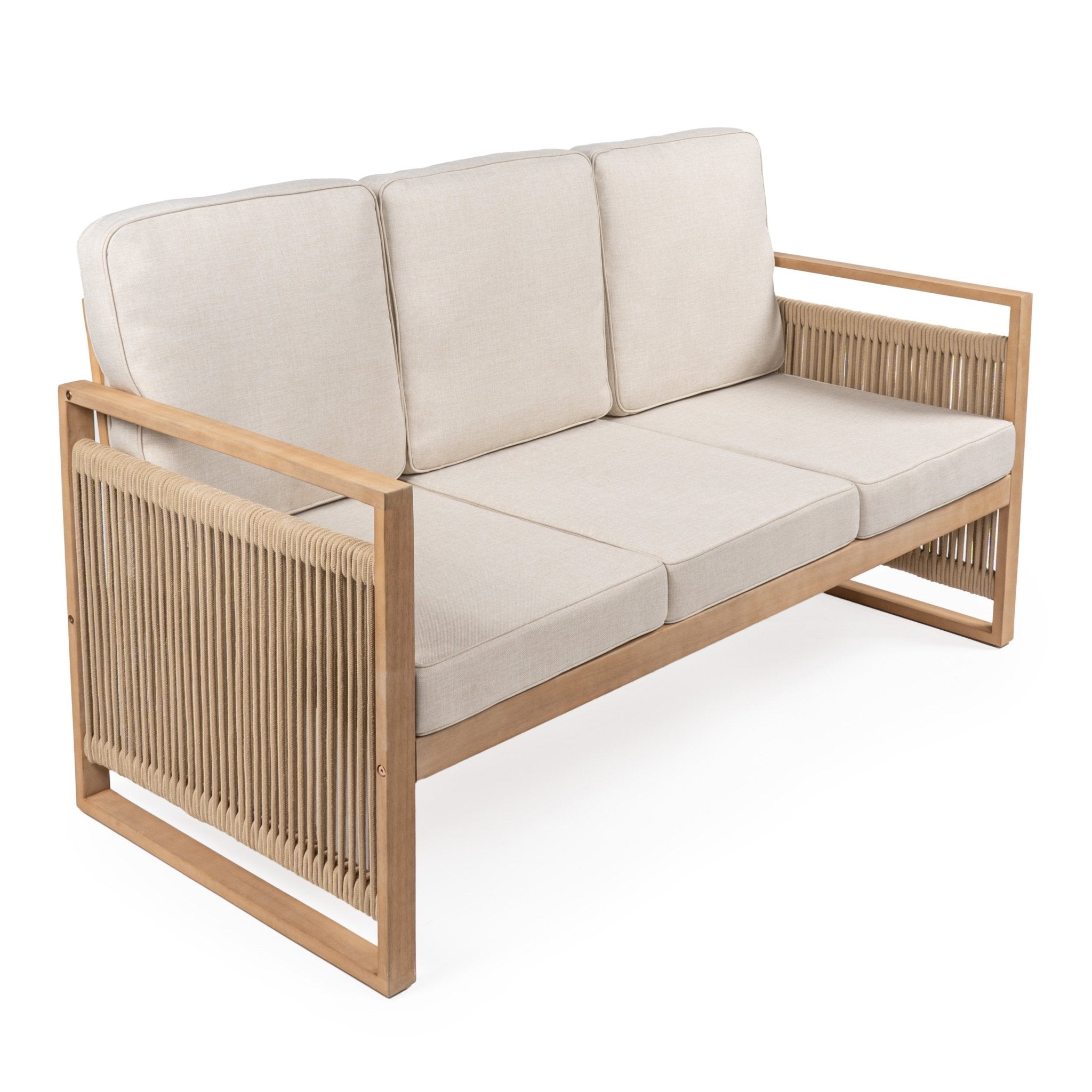 Gable 3-Seat Mid-Century Modern Roped Acacia Wood Outdoor Sofa with Cushions, Gray/Teak Brown - Outdoor Sofa