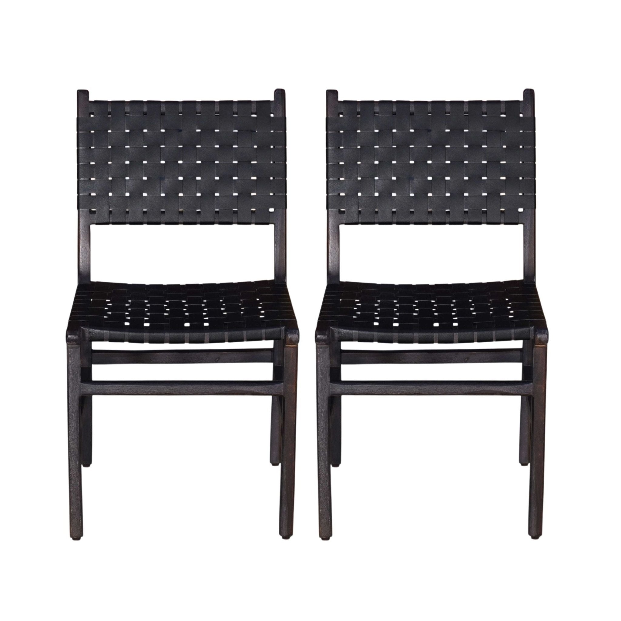 Genuine Leather Woven Dining Chair with Open Back, Set of 2 - Dining Chairs