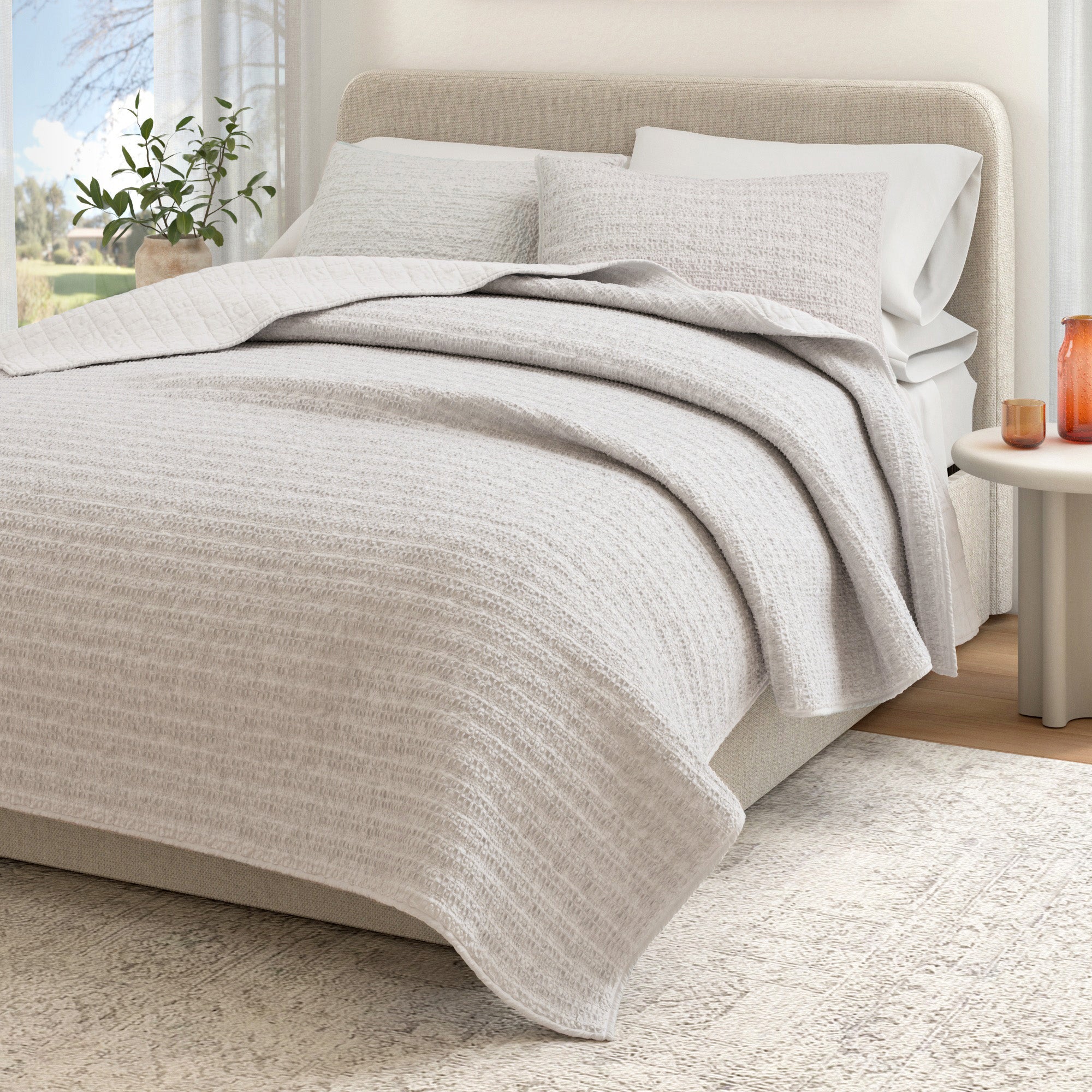 100% Cotton Garment Washed Honeycomb Waffle Quilt and Sham Set