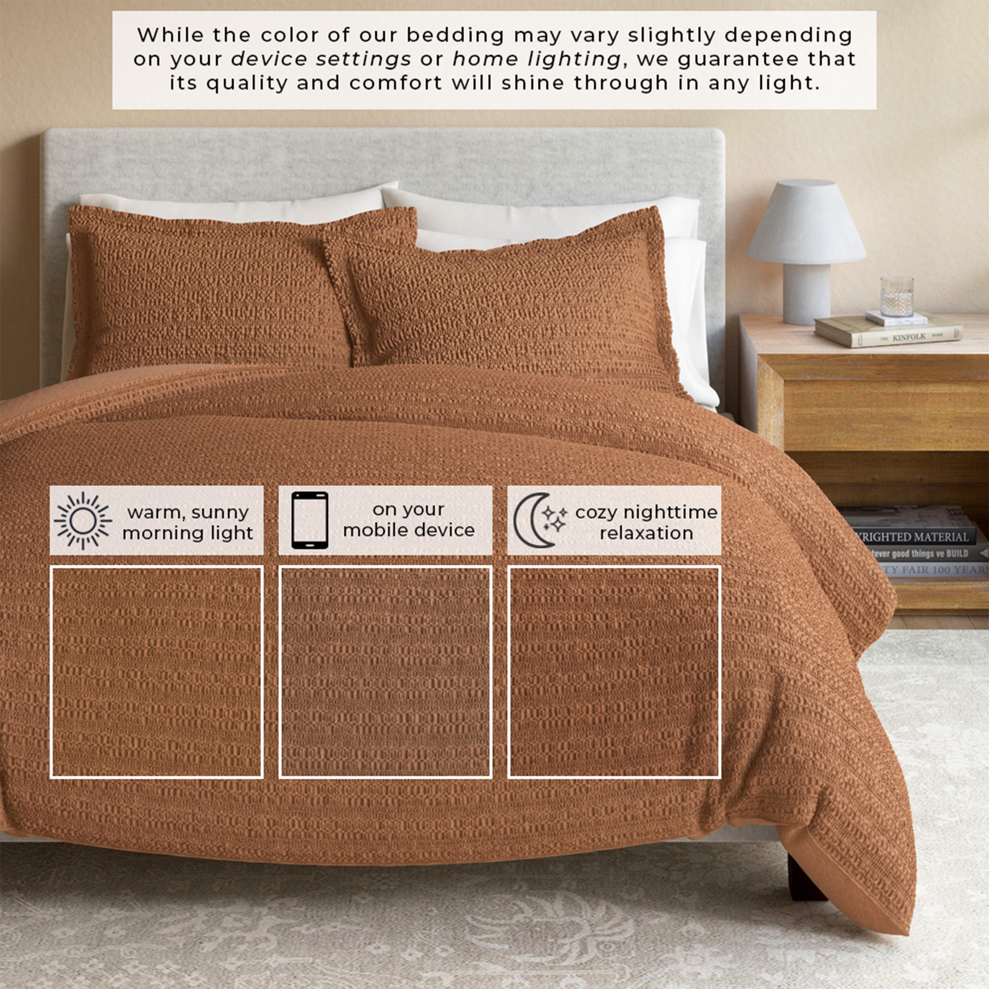 100% Cotton Honeycomb Waffle Textured Duvet Cover with Pillow Shams
