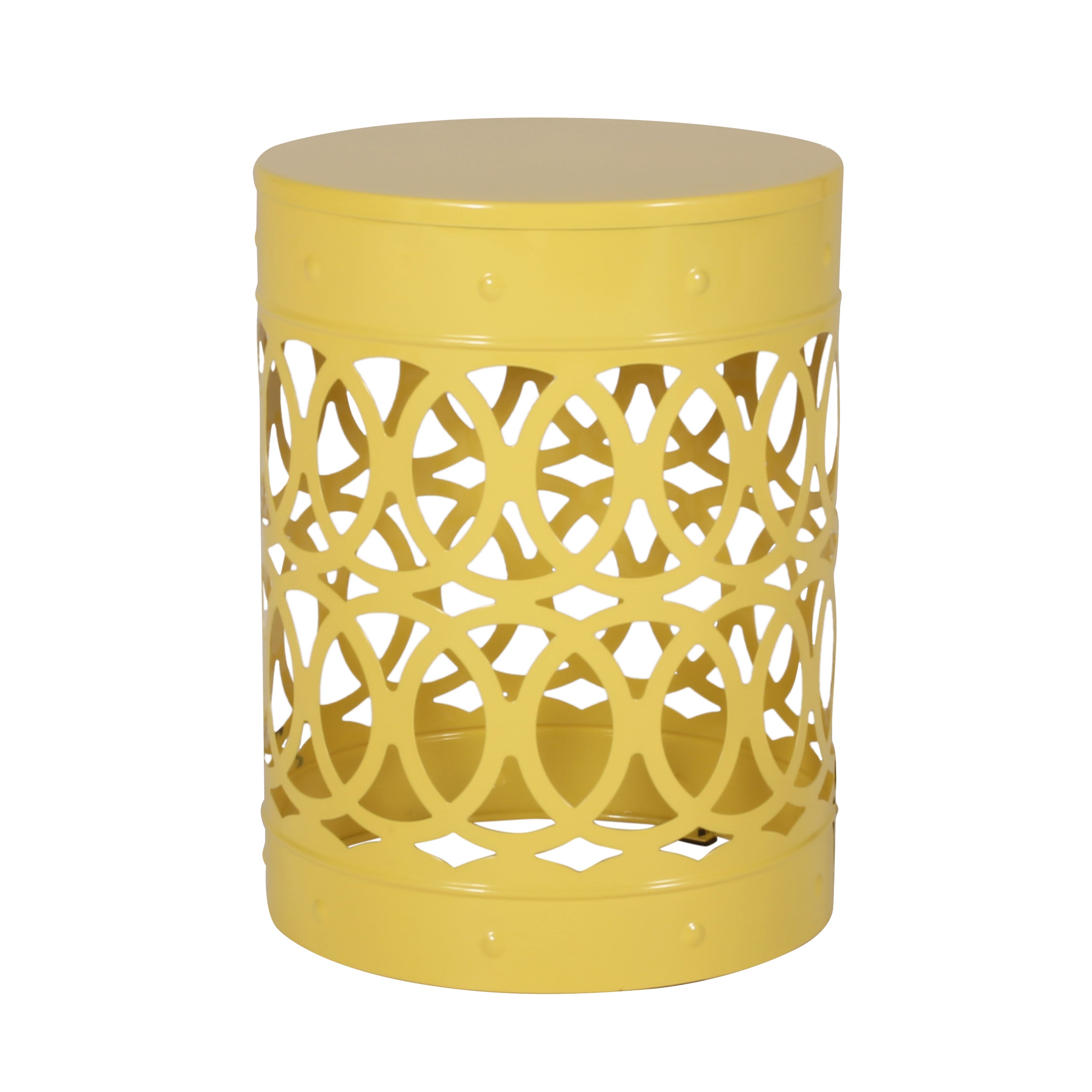 Symmetry Yellow Outdoor Cylindrical End Table with Overlapping Circle Pattern