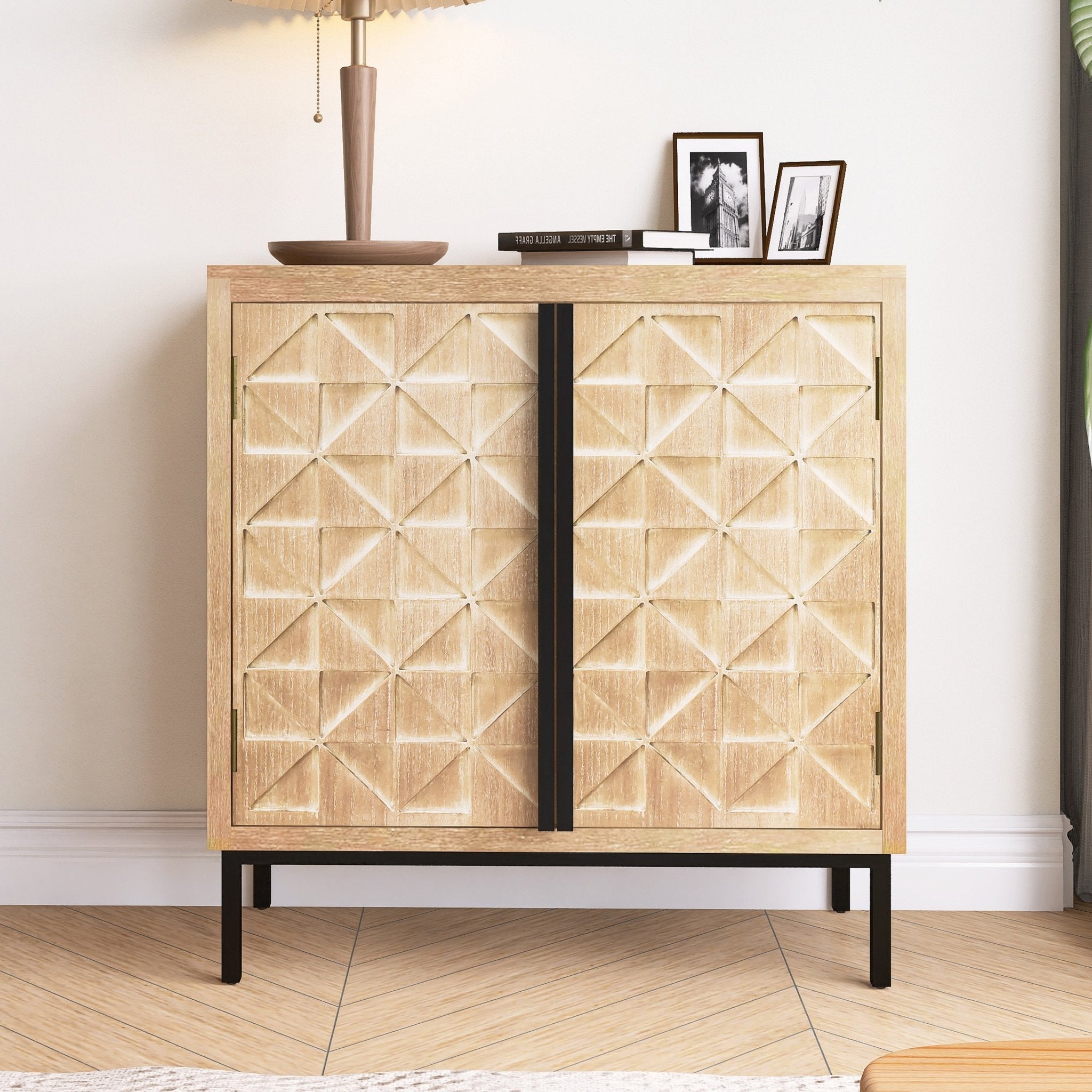 Hand - Carved 2 Doors Accent Cabinet with Shelves and Wood Legs - Cabinets
