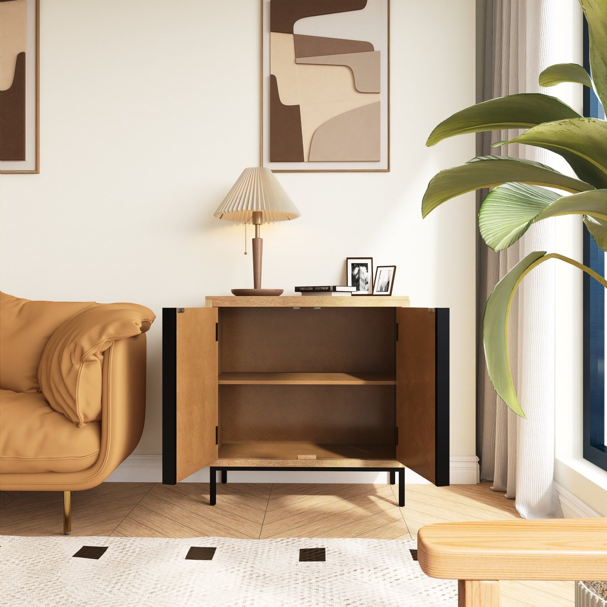 Hand - Carved 2 Doors Accent Cabinet with Shelves and Wood Legs - Cabinets