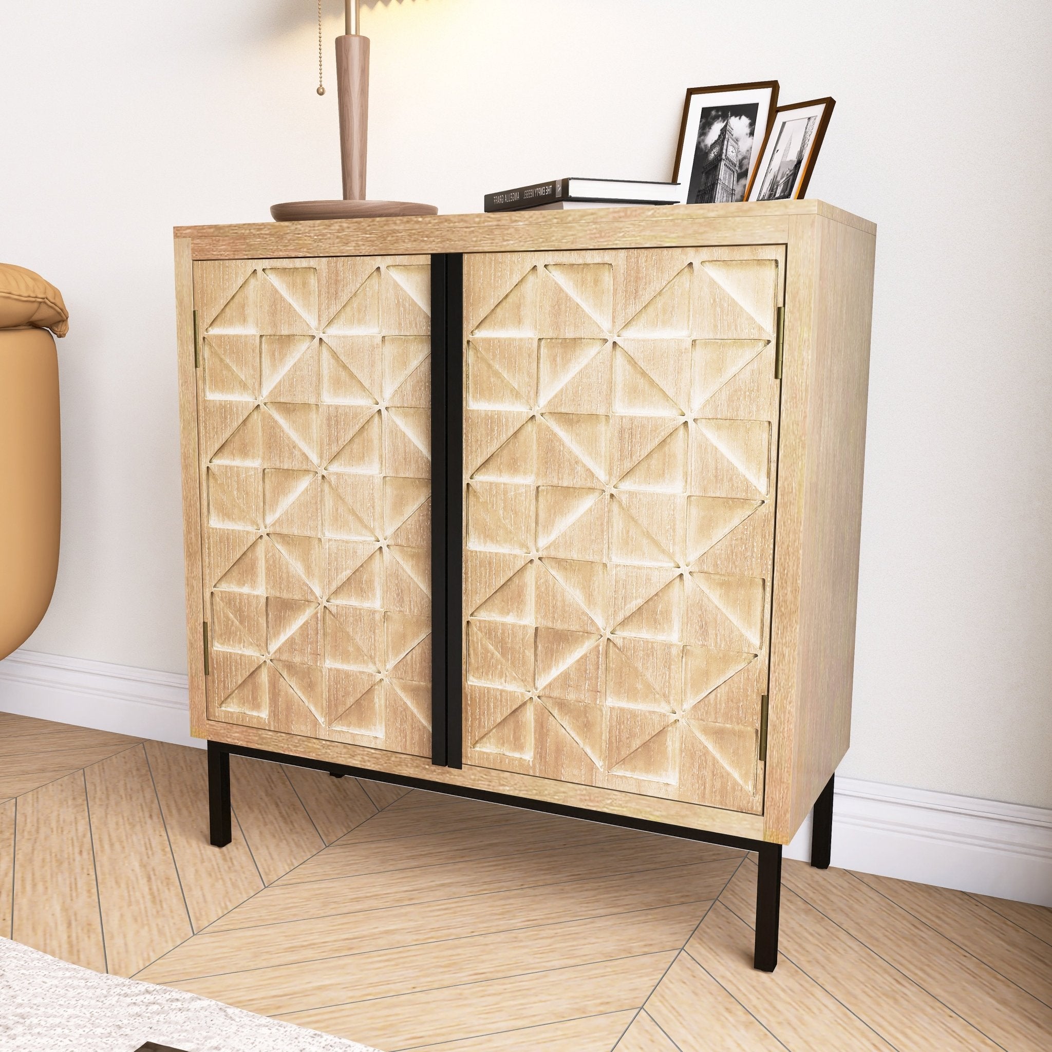 Hand - Carved 2 Doors Accent Cabinet with Shelves and Wood Legs - Cabinets