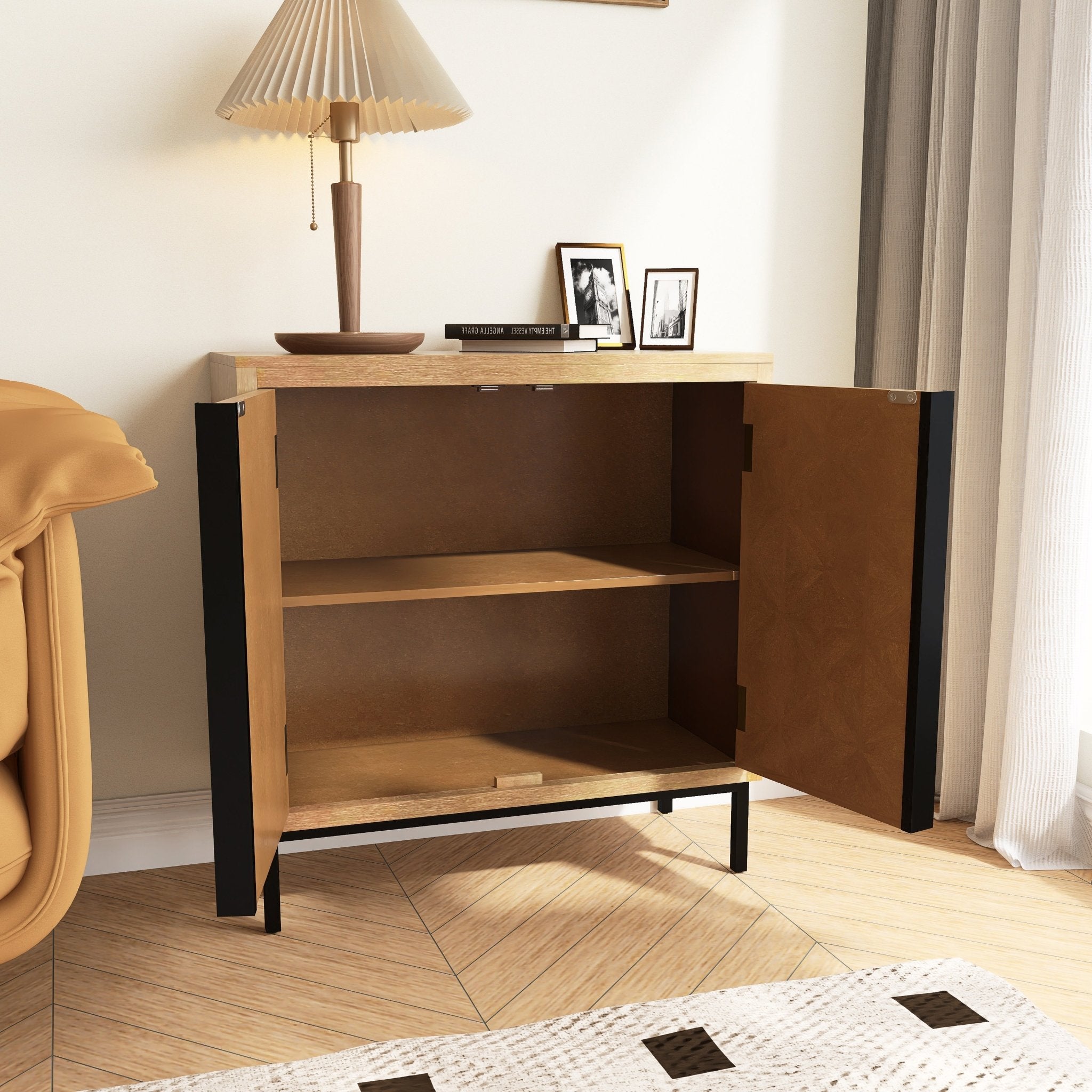 Hand - Carved 2 Doors Accent Cabinet with Shelves and Wood Legs - Cabinets