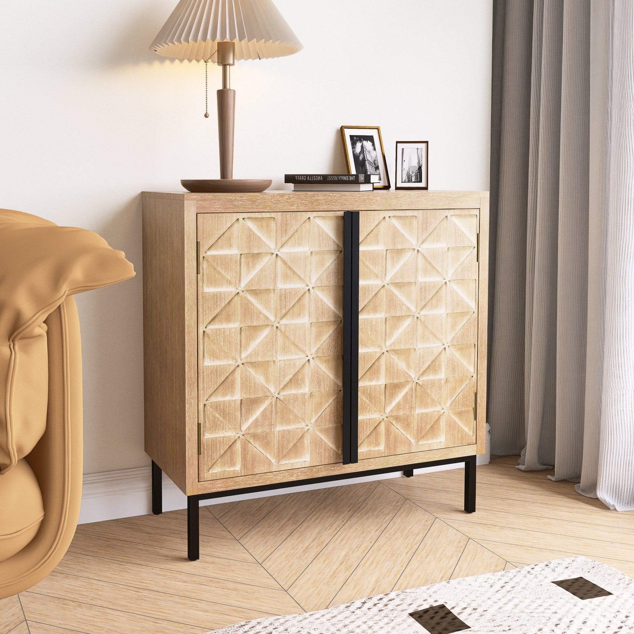 Hand - Carved 2 Doors Accent Cabinet with Shelves and Wood Legs - Cabinets
