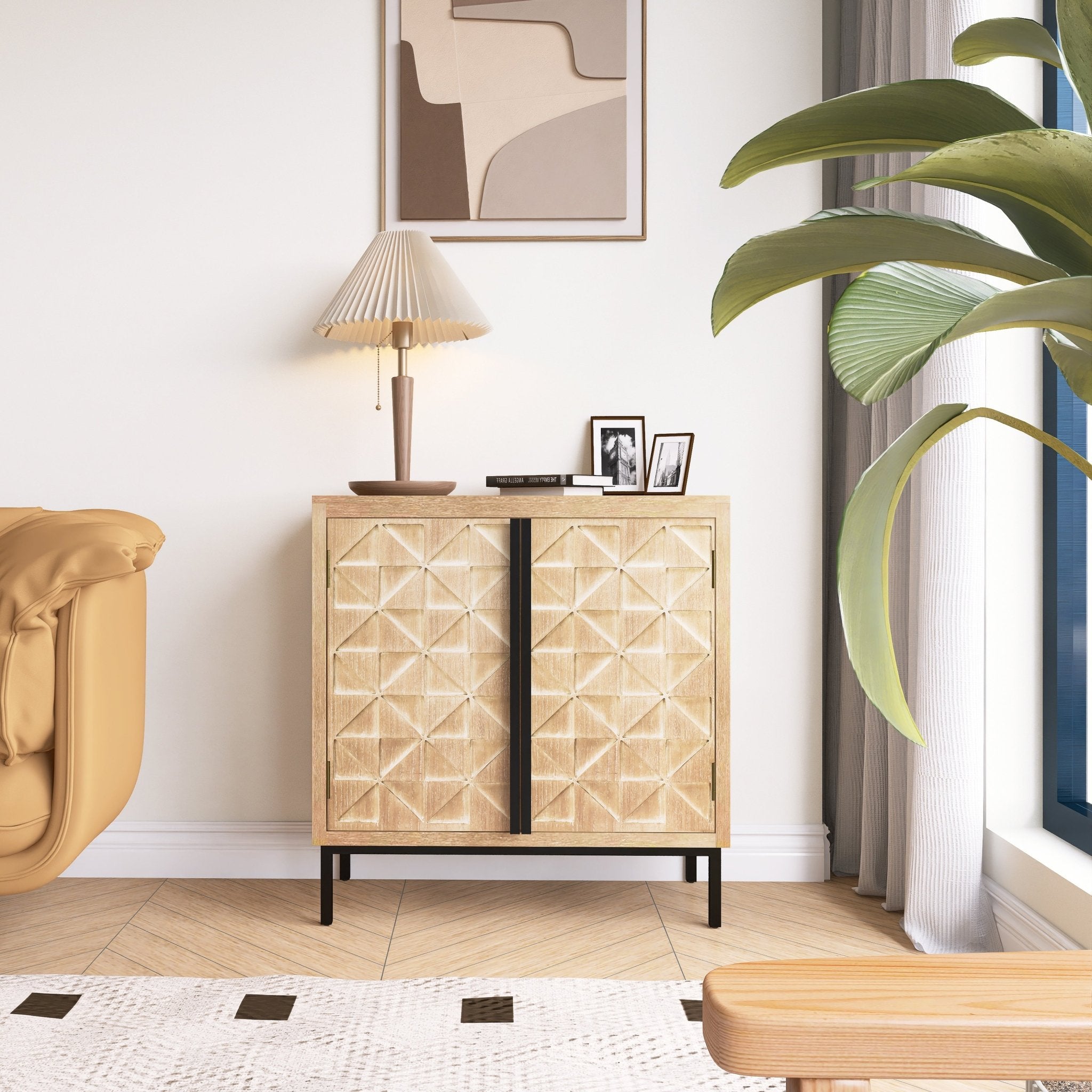 Hand - Carved 2 Doors Accent Cabinet with Shelves and Wood Legs - Cabinets