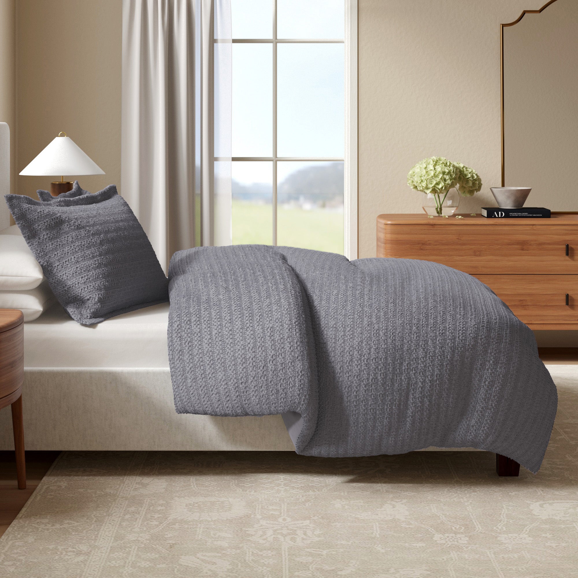 100% Cotton Honeycomb Waffle Textured Duvet Cover with Pillow Shams