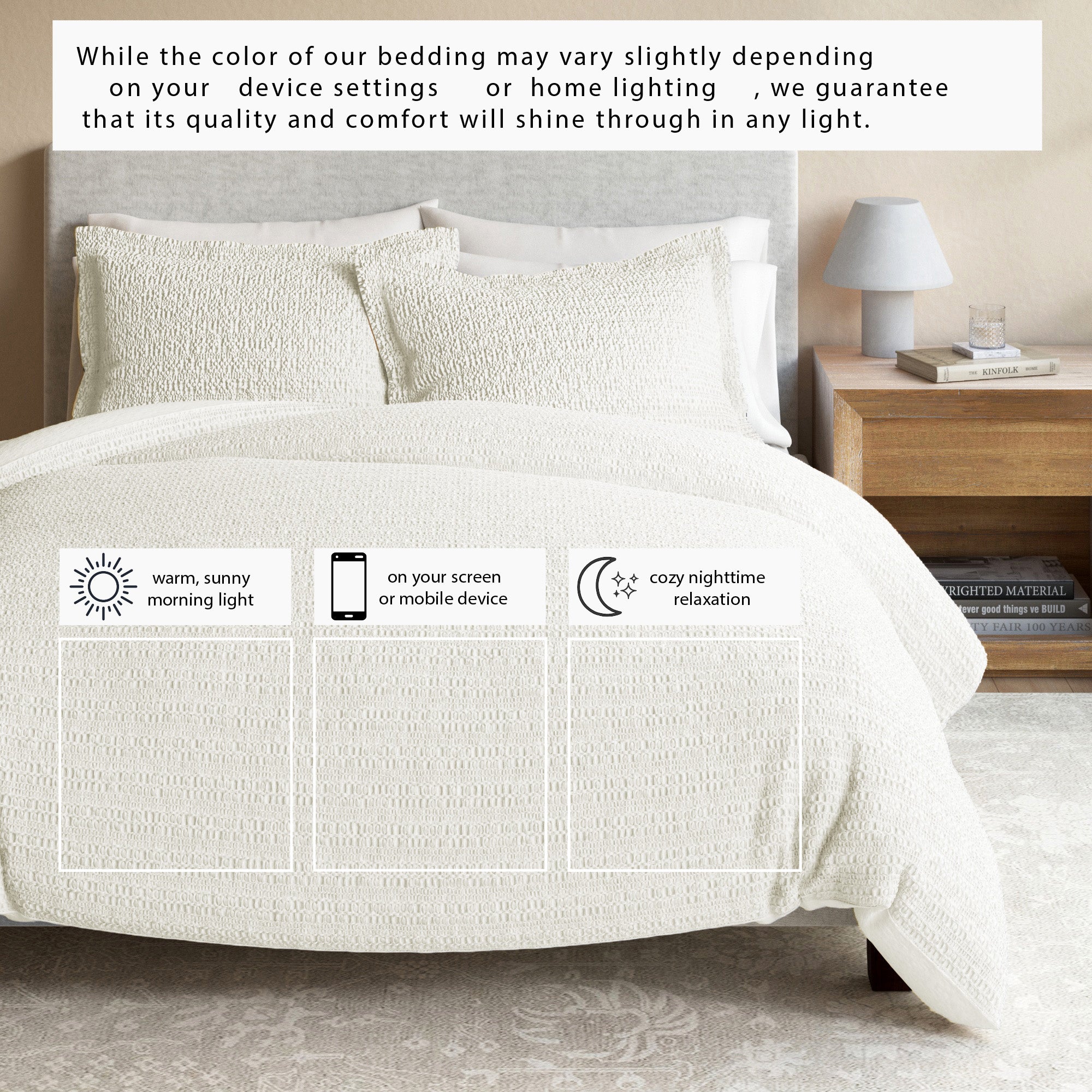 100% Cotton Honeycomb Waffle Textured Duvet Cover with Pillow Shams