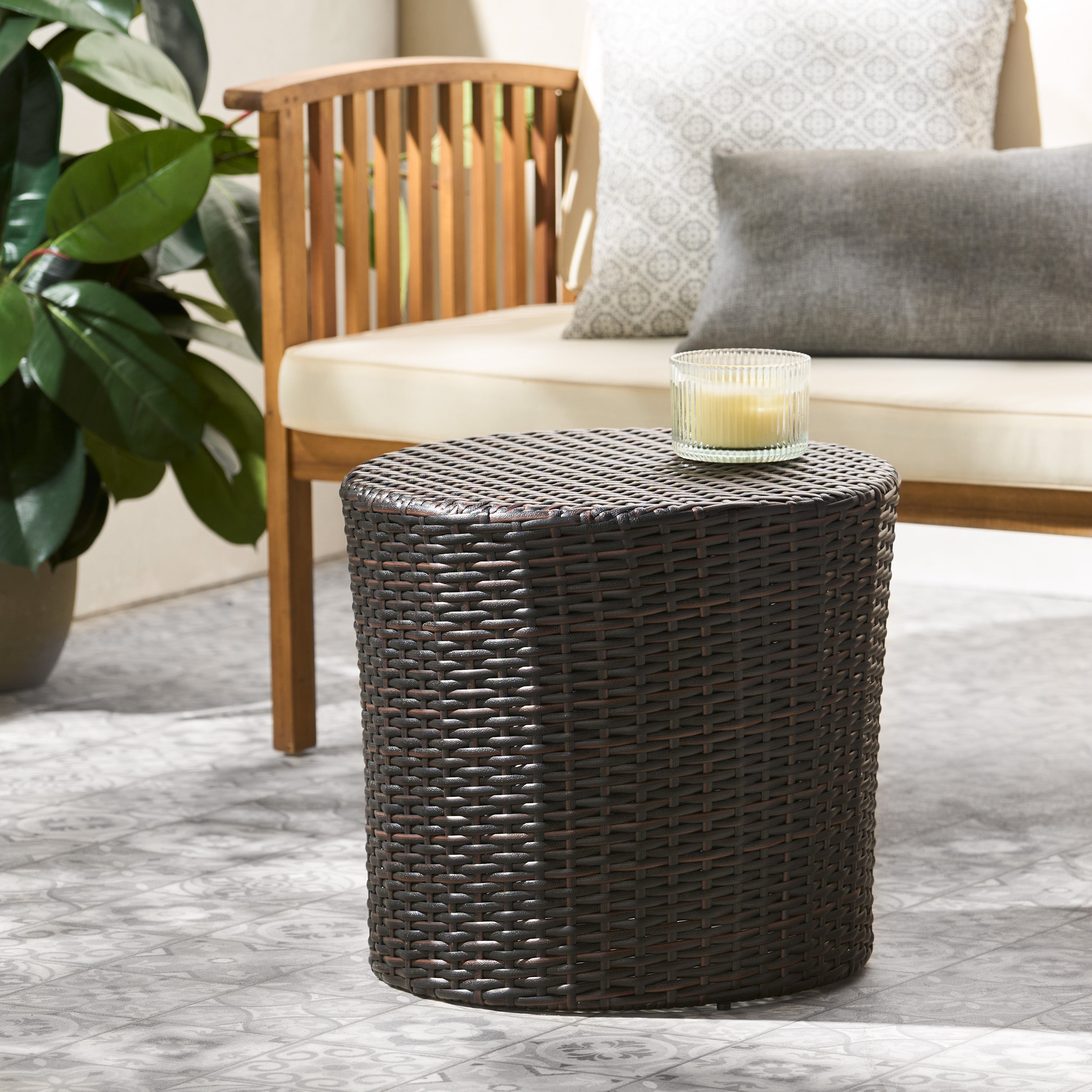 Barrel Side Table with Handcrafted Details, Brown