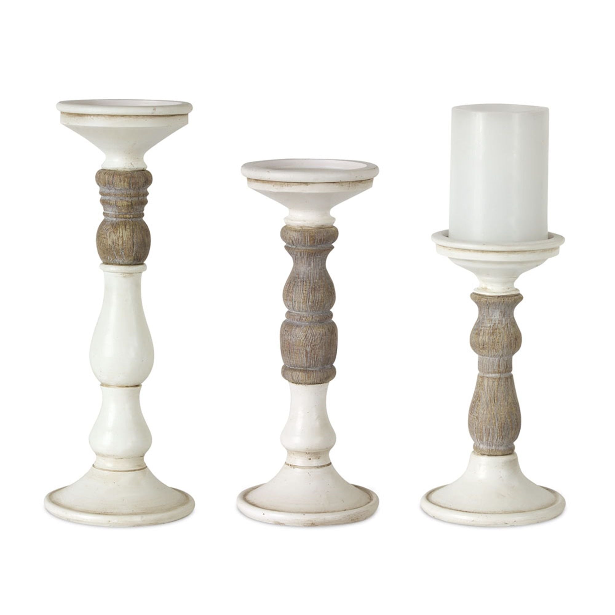 Ivory Candle Holder with Wood Accent (Set of 3) - Pillar Stands