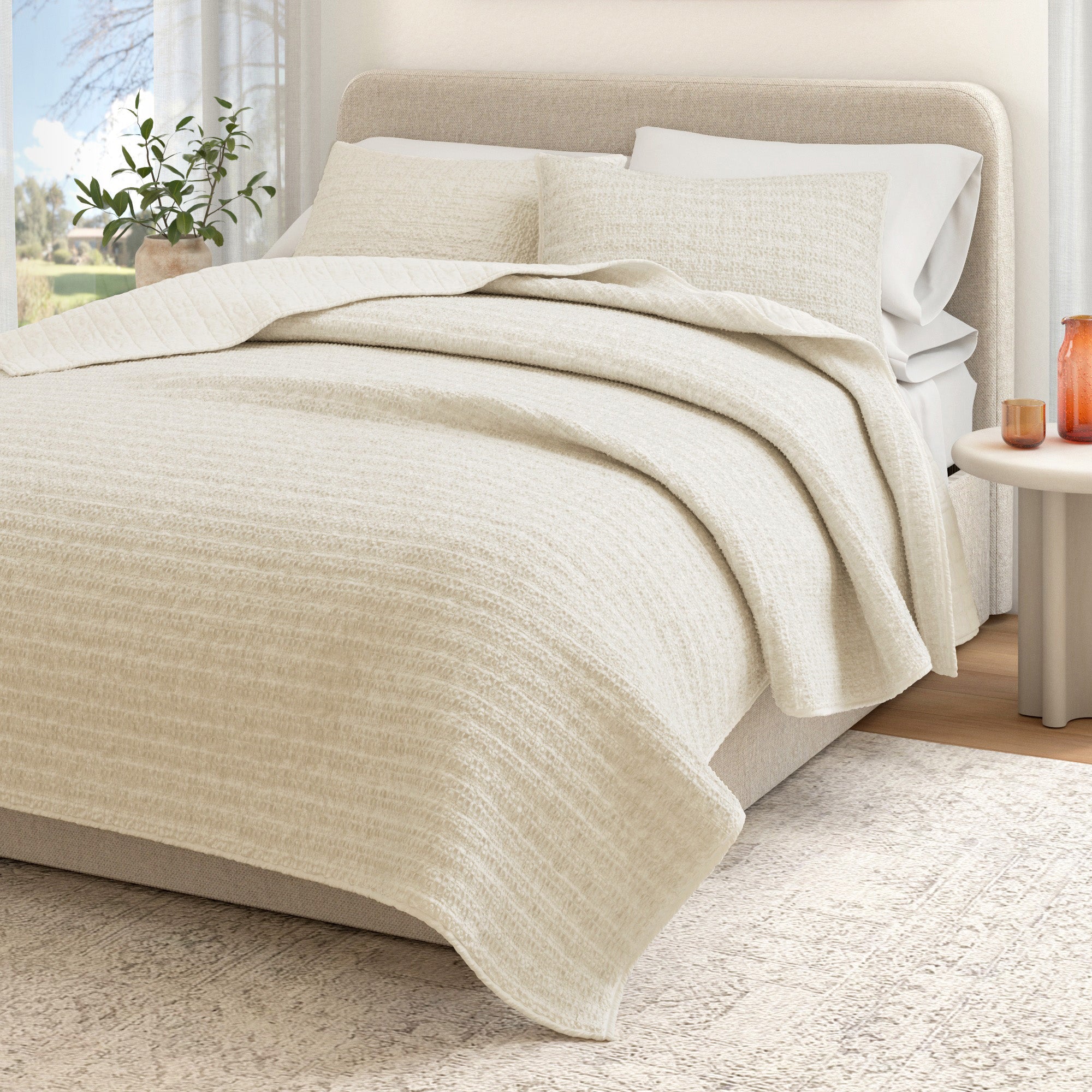 100% Cotton Garment Washed Honeycomb Waffle Quilt and Sham Set