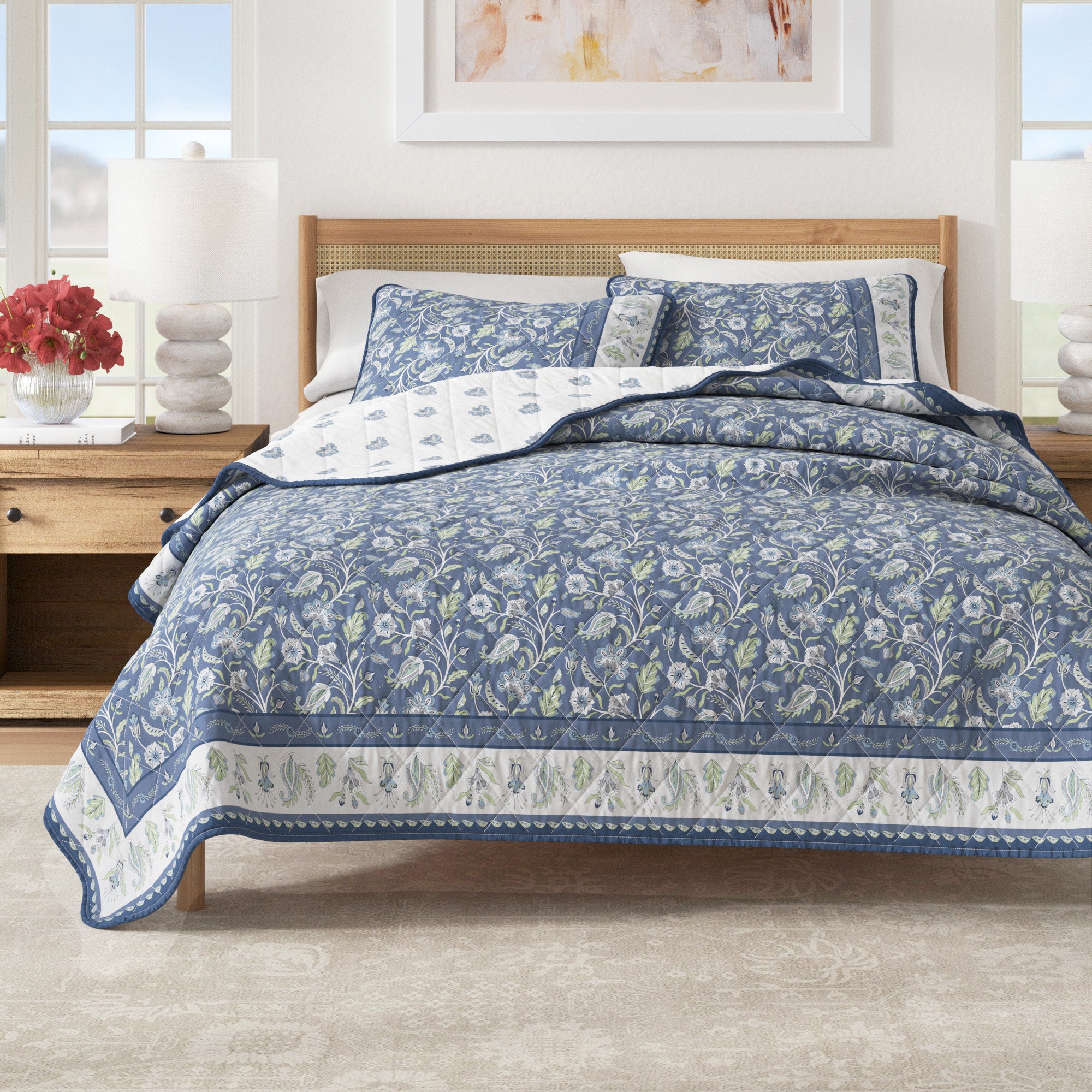 Floral Bordered Cotton Quilt Set