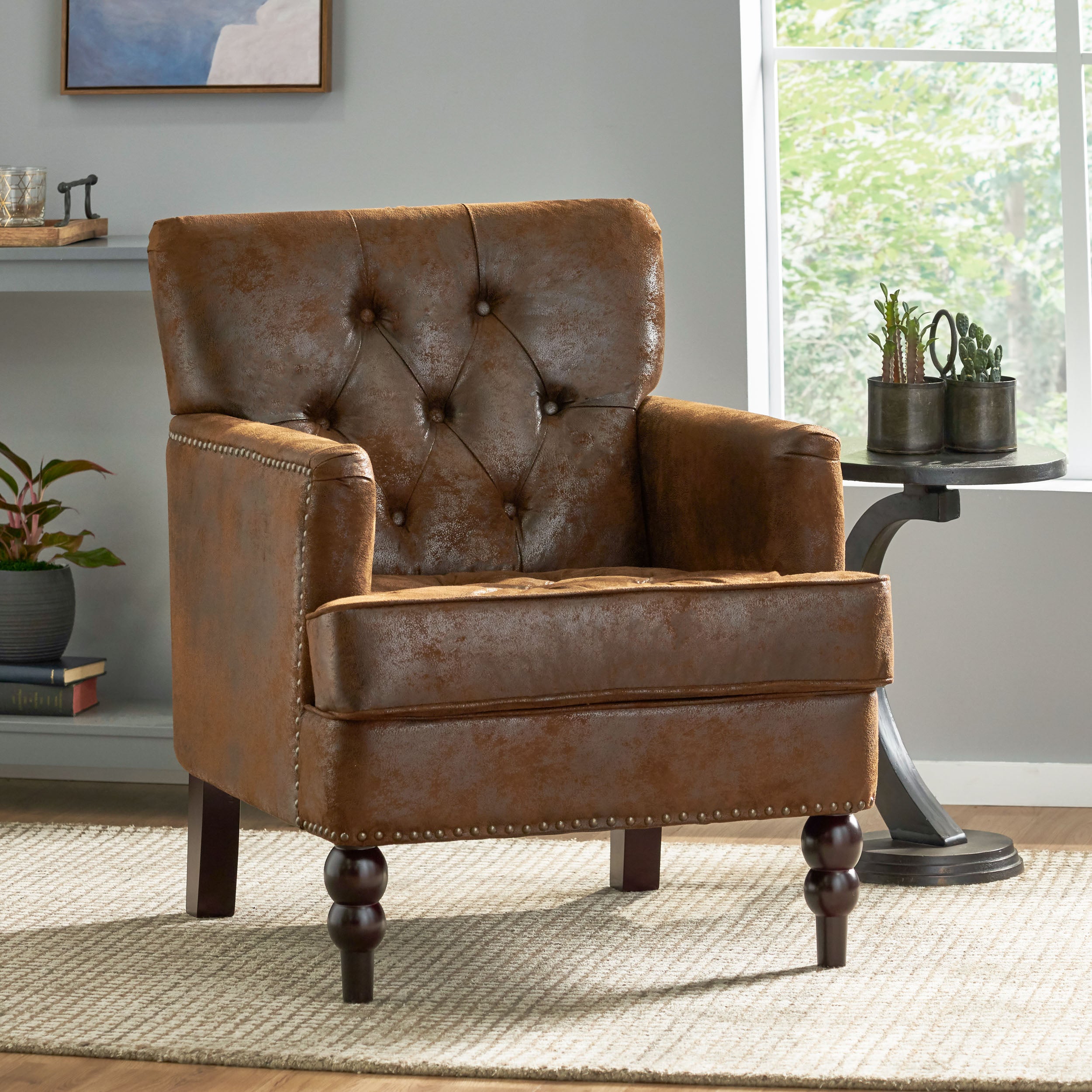 Brown Club Accent Chair with Button-Tufted Diamond Stitching and Turned Legs