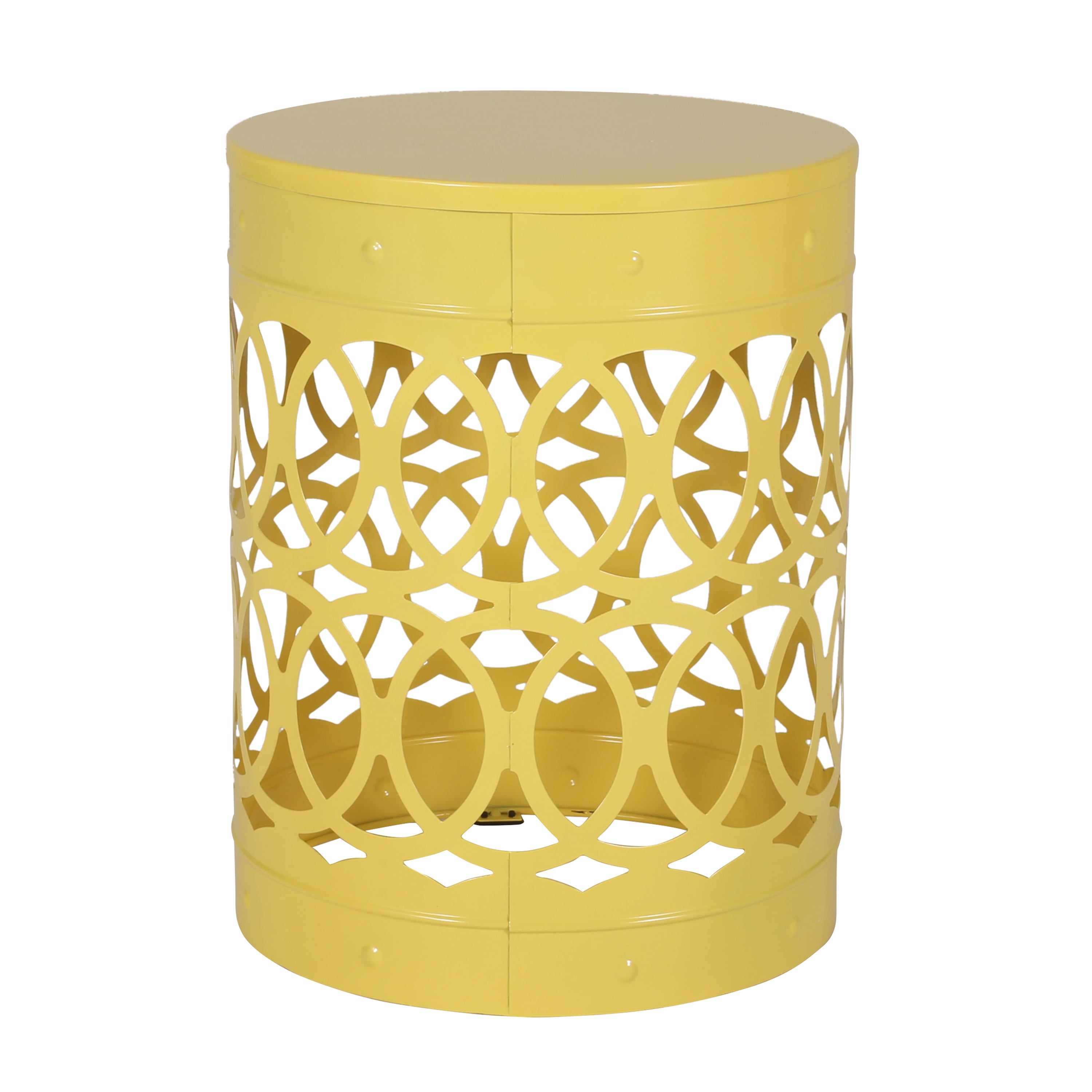 Symmetry Yellow Outdoor Cylindrical End Table with Overlapping Circle Pattern