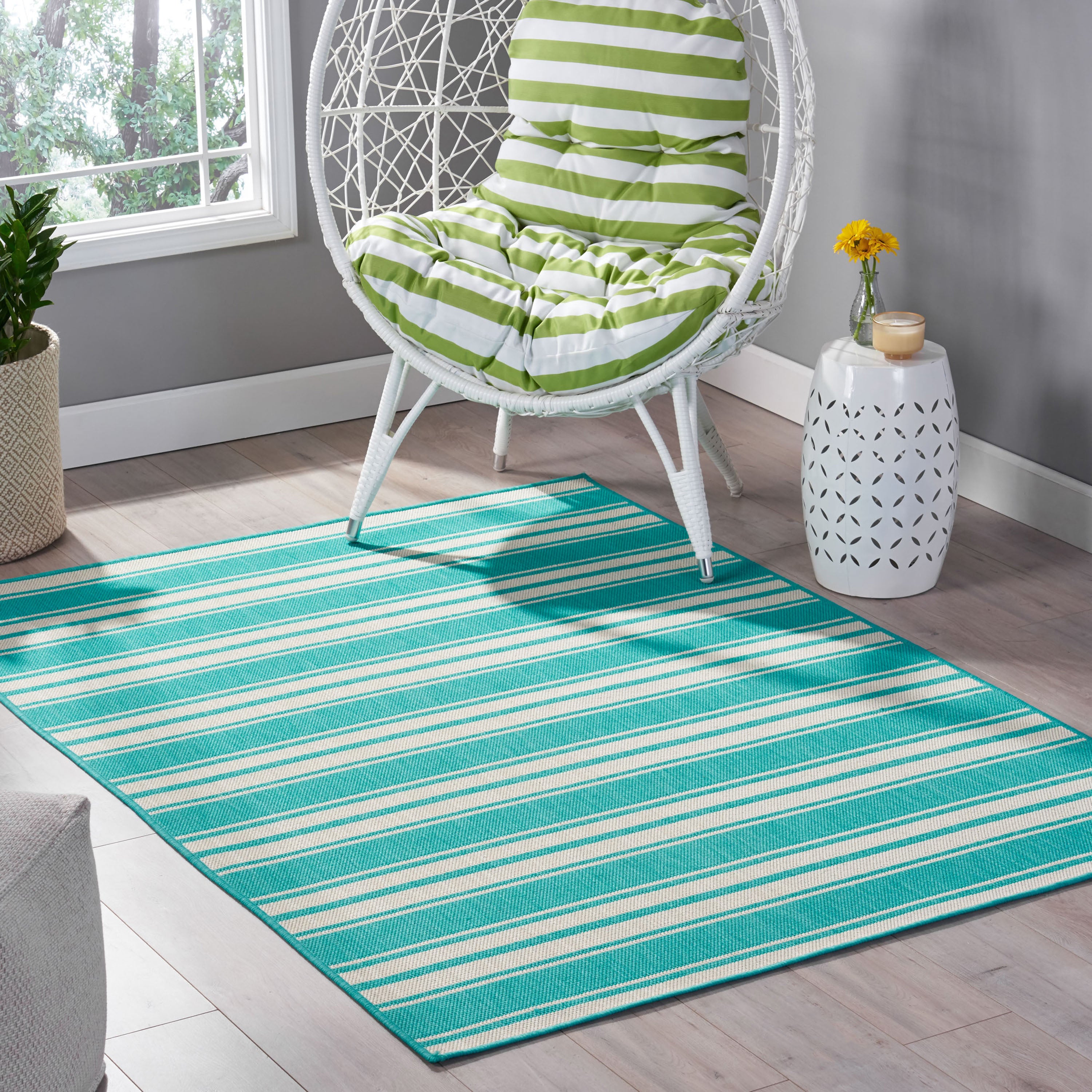 Calamity Teal Striped 63" x 84" Polypropylene Outdoor Area Rug