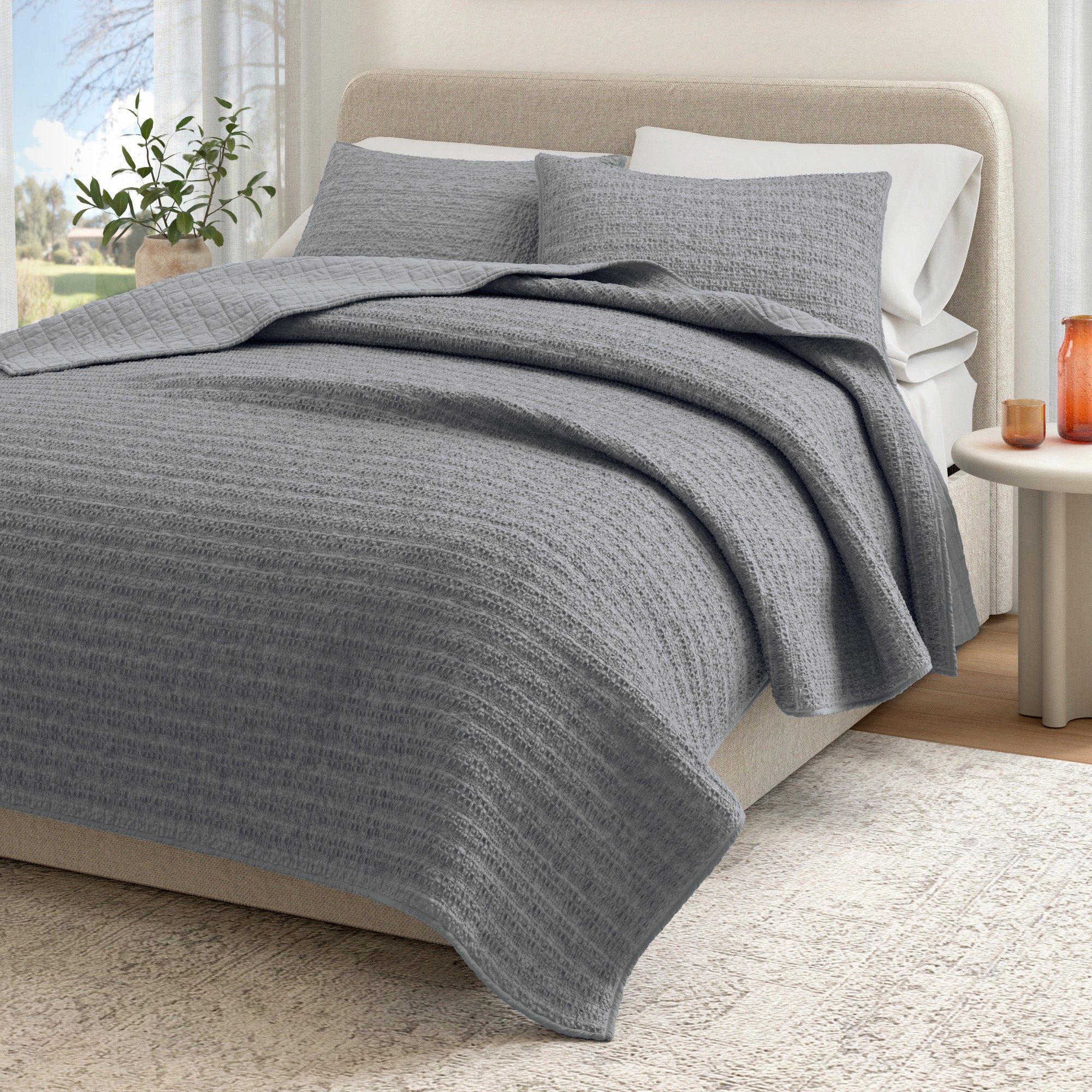 100% Cotton Garment Washed Honeycomb Waffle Quilt and Sham Set