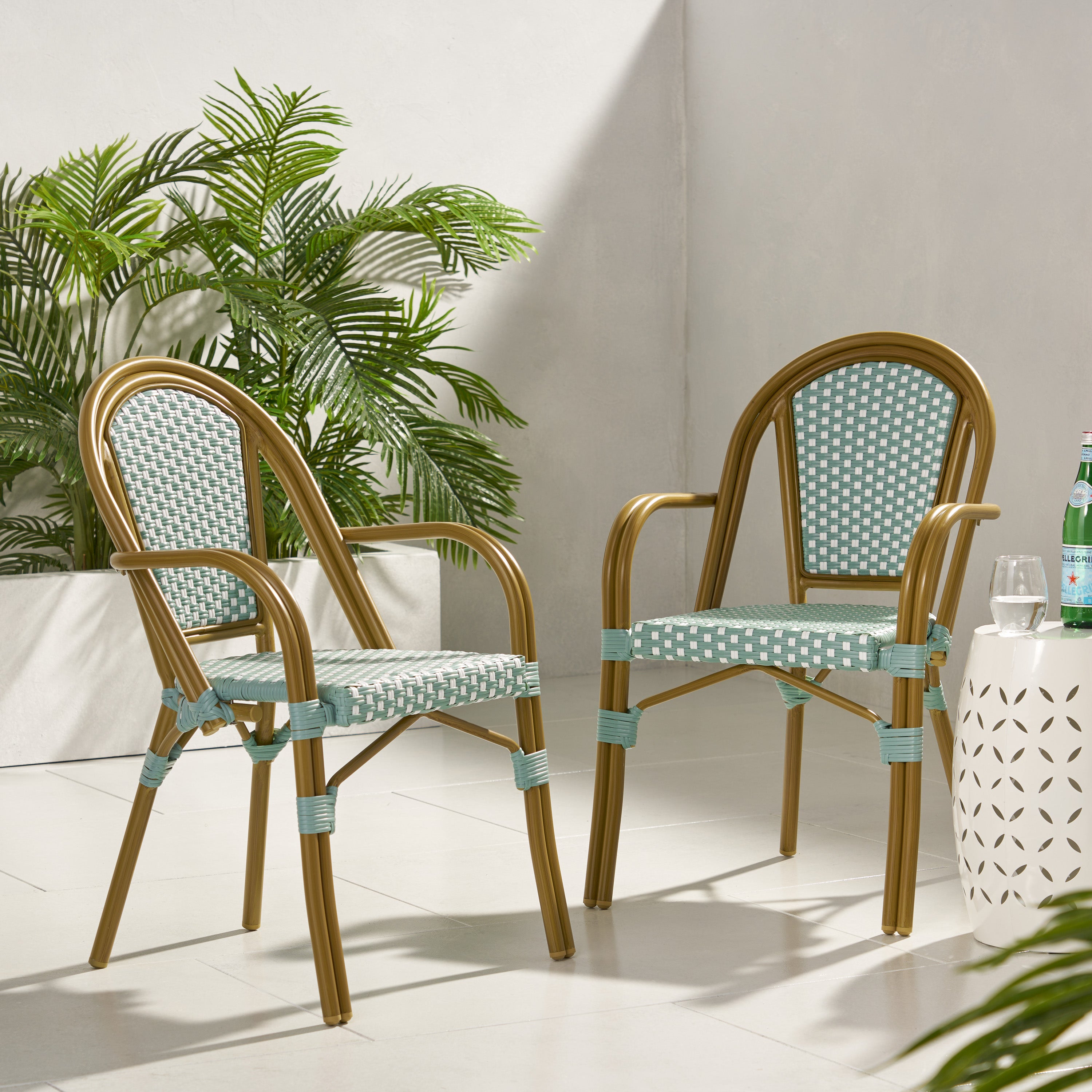Crowned Wicker Bistro Chair with Checkered Pattern and Curved Arms, Set of 2