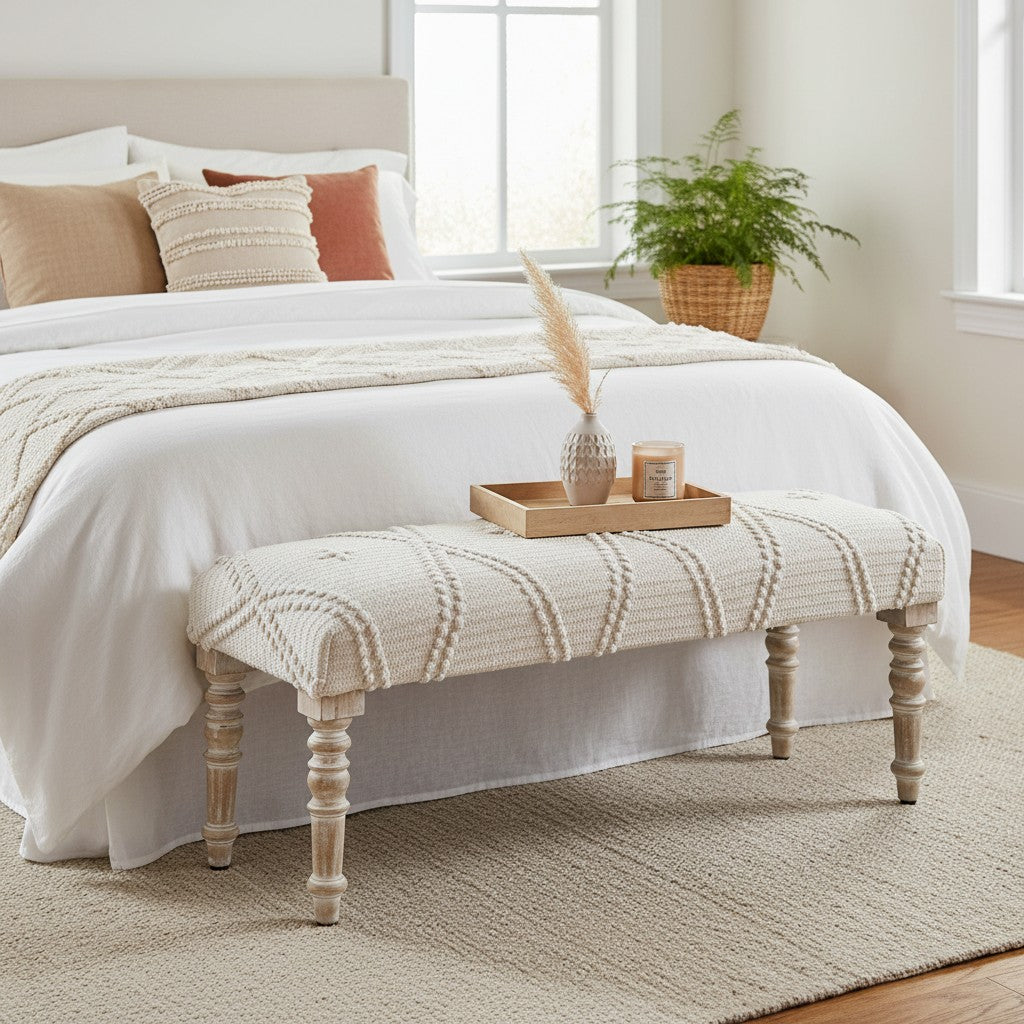 White Upholstered Accent Bench with Cream Solid Wood Frame