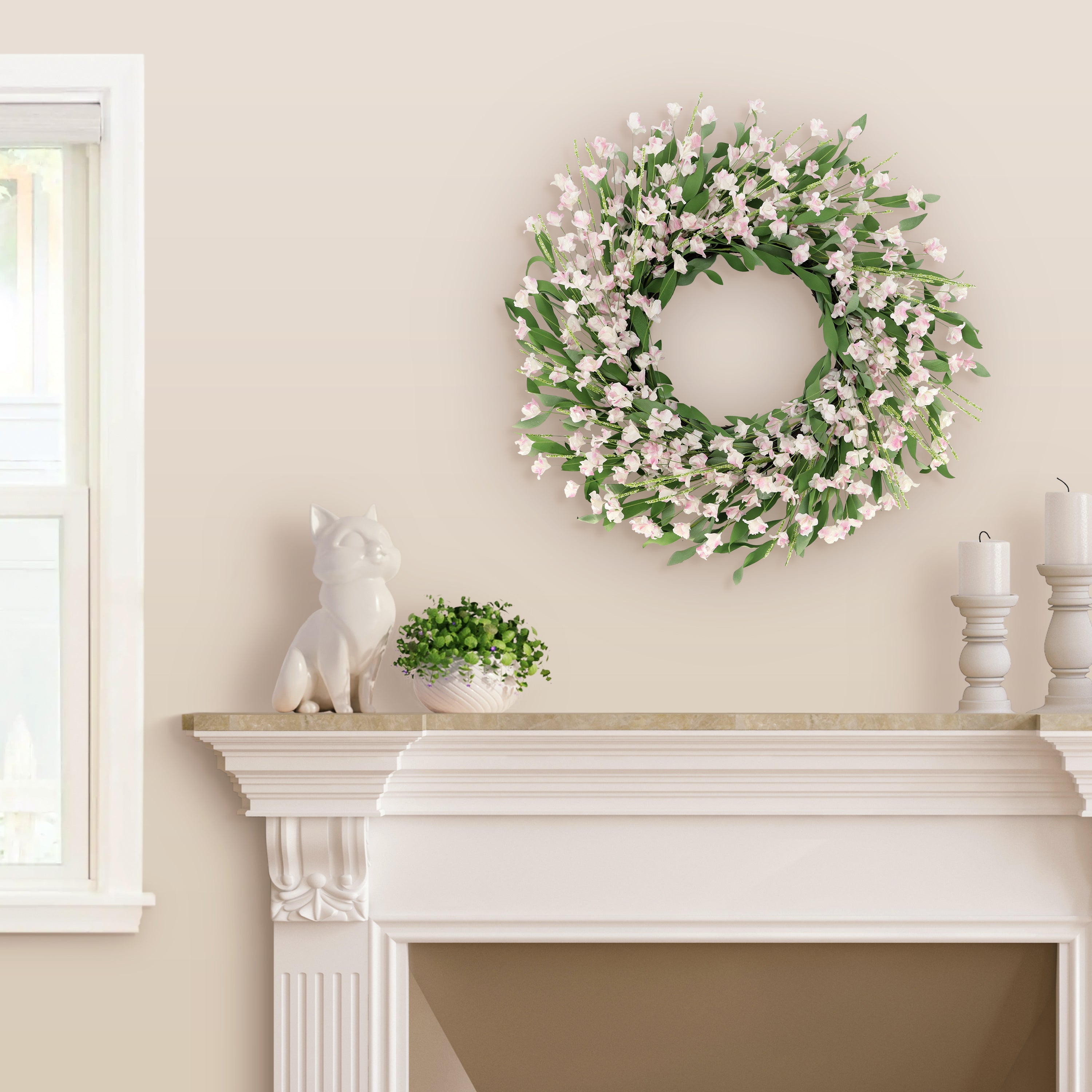 24" Artificial Pea Blossom Floral White Spring Wreath