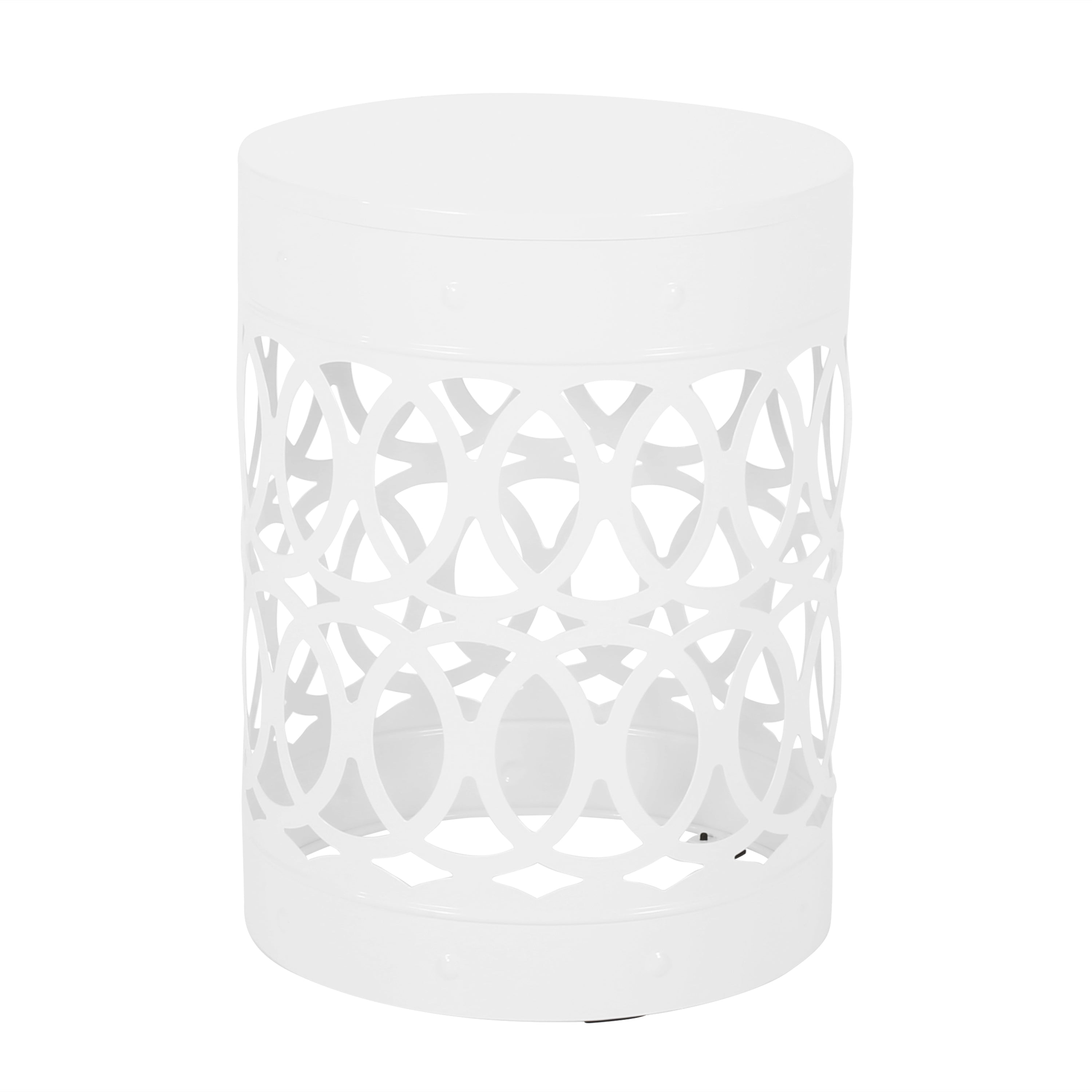 Symmetry White Outdoor Cylindrical End Table with Overlapping Circle Pattern