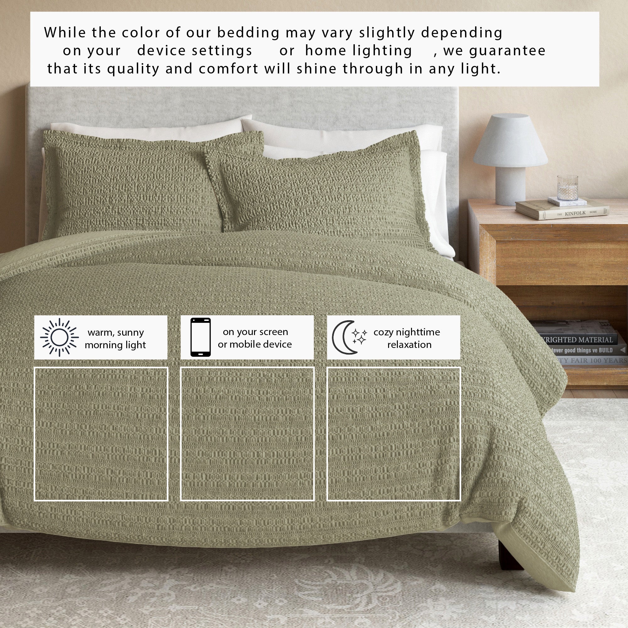 100% Cotton Honeycomb Waffle Textured Duvet Cover with Pillow Shams