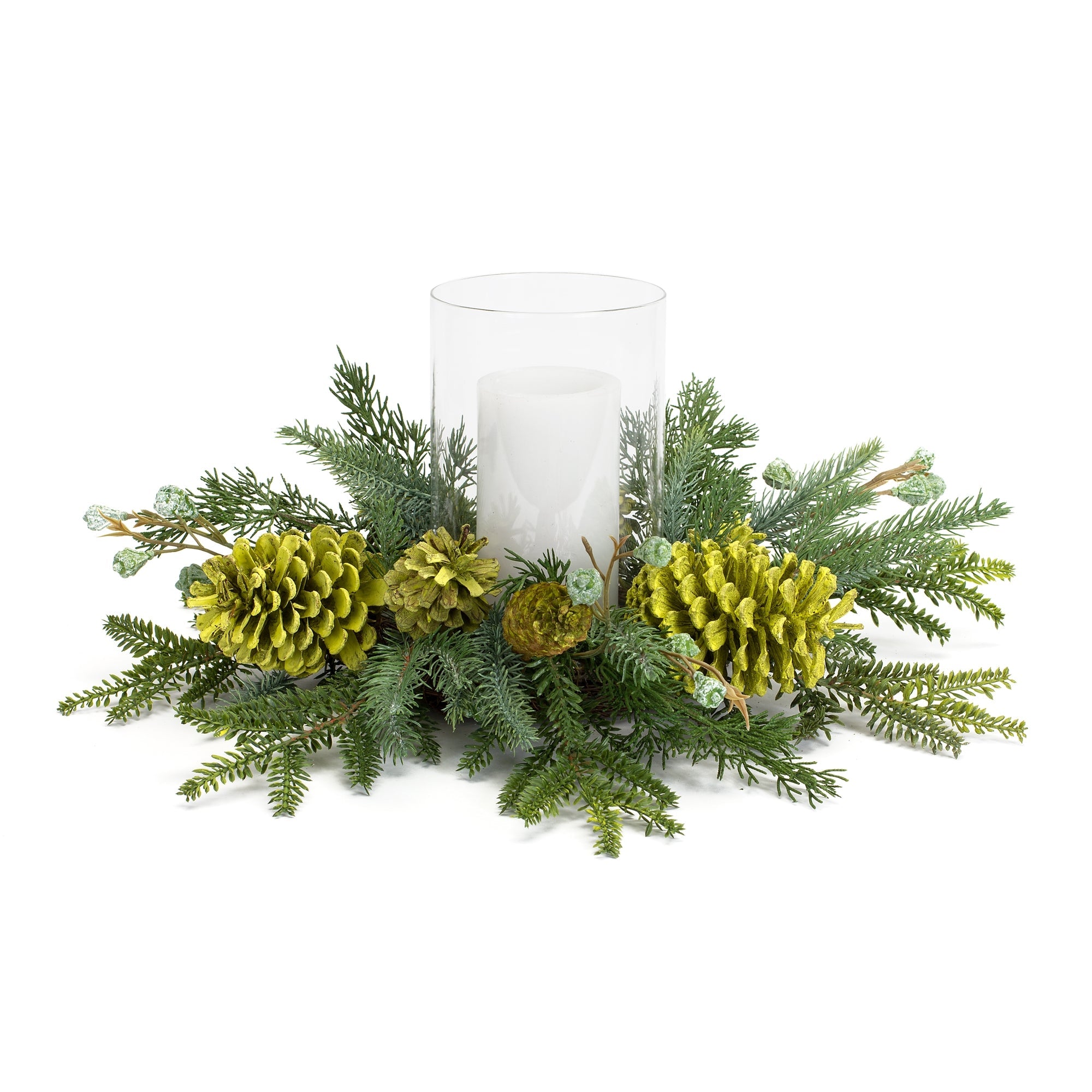 Mixed Winter Pine Cone Candle Holder with Glass Hurricane 18"D - Hurricanes