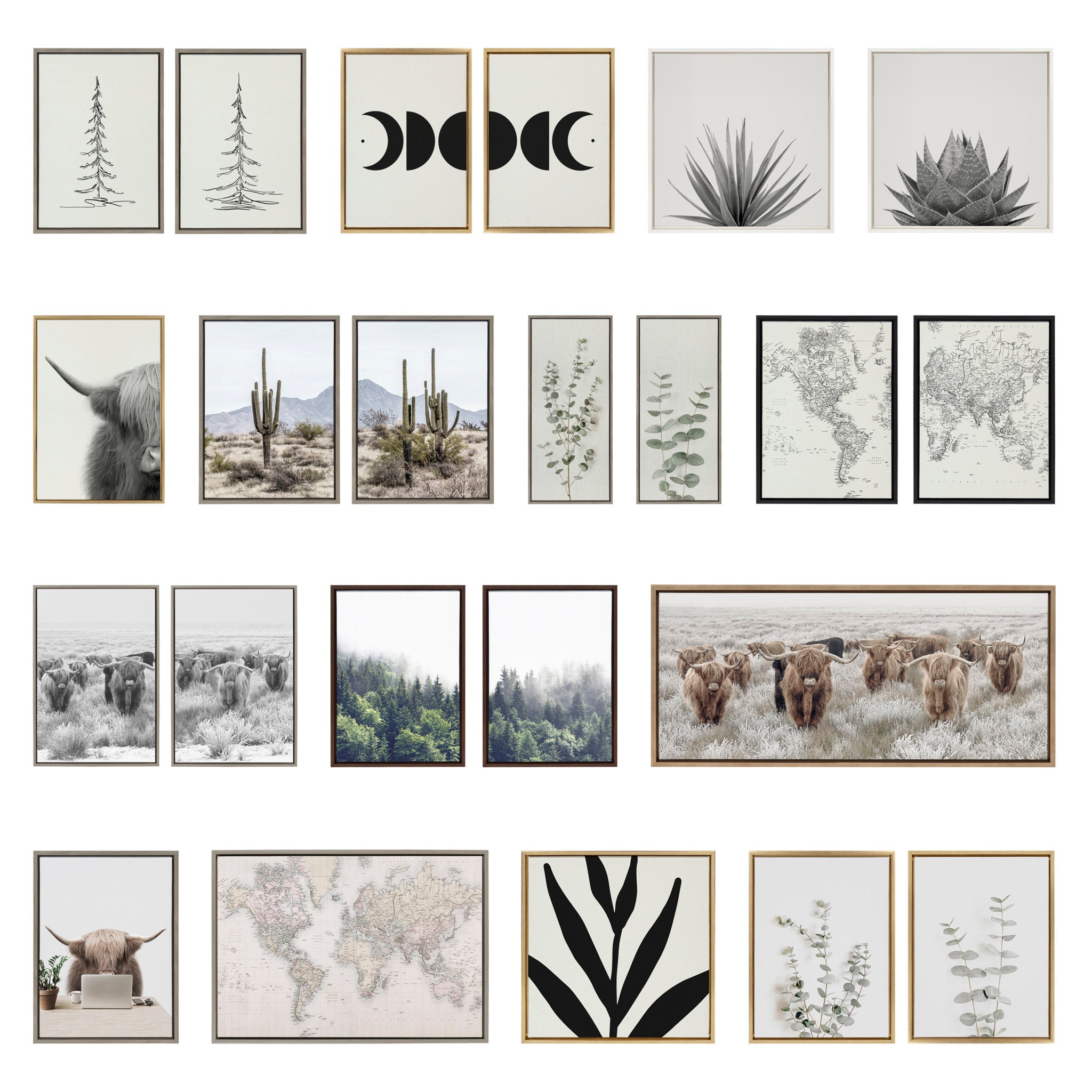 Sylvie Meet Me Here, Highland Cow Muted Mountain Landscape and Minimalist Evergreen Trees Sketch Framed Canvas Set by Various Artists