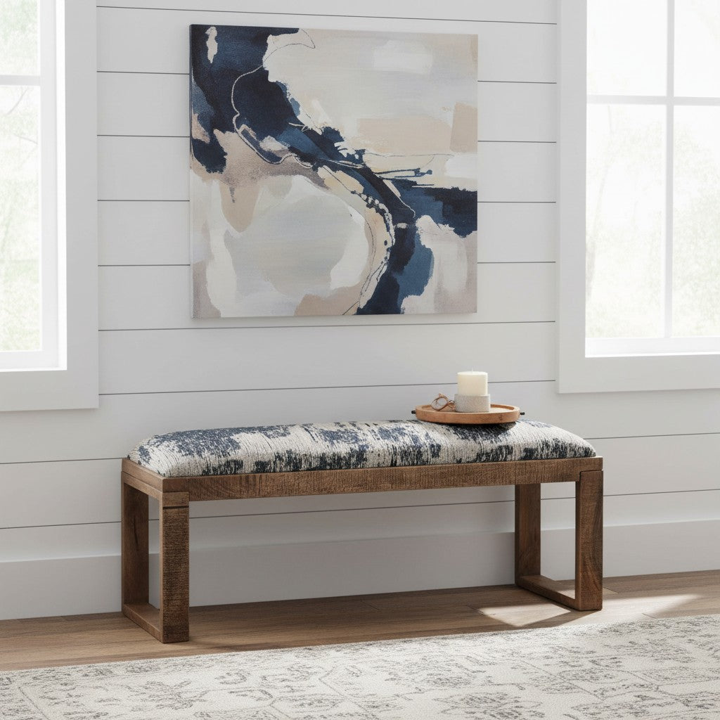 Navy Upholstered Accent Bench with Brown Solid Wood Frame