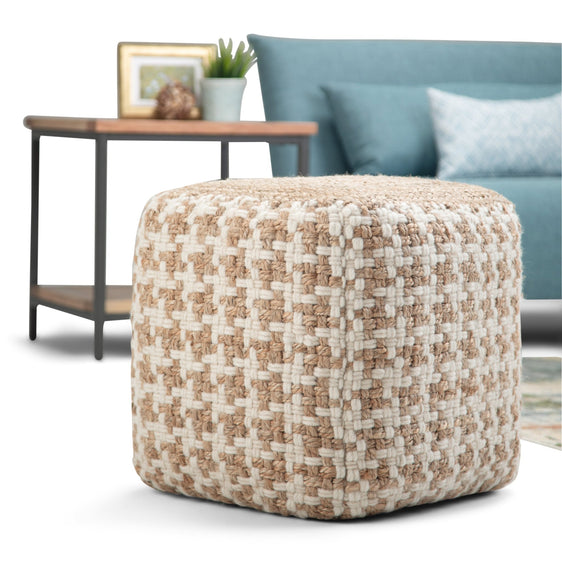Multi-functional Cube Pouf with Cotton, Wool and Jute Woven Pattern - Pouf