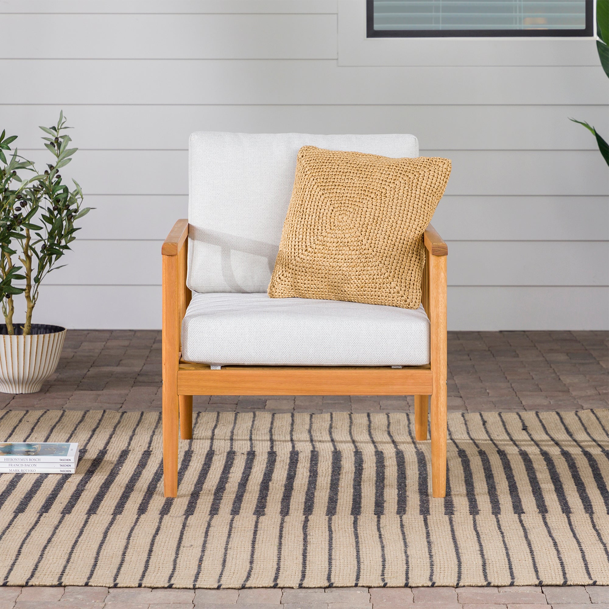 Mysticara Cushioned Eucalyptus Wood Patio Accent Chair - Outdoor Patio Chair