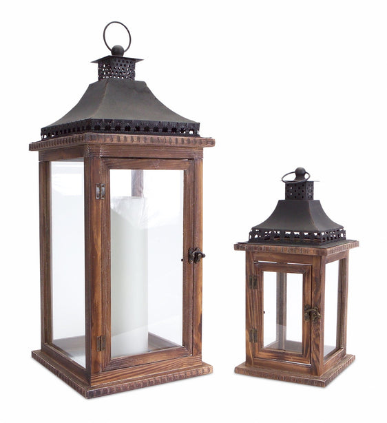 Natural-Wood-and-Iron-Lantern,-Set-of-2-Lanterns