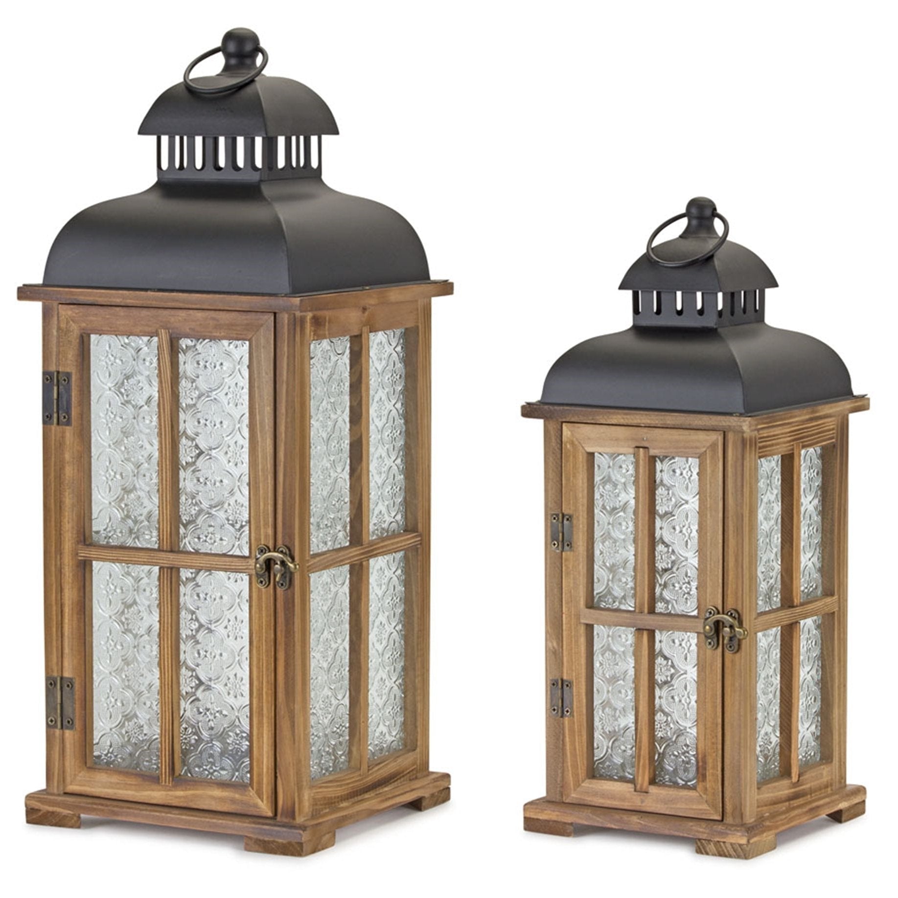 Natural-Wood-Lantern-with-Ornate-Frosted-Glass,-Set-of-2-Lanterns