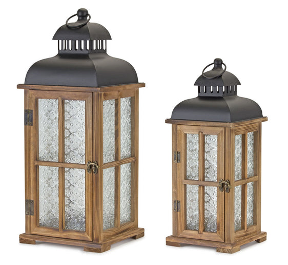Natural-Wood-Lantern-with-Ornate-Frosted-Glass,-Set-of-2-Lanterns