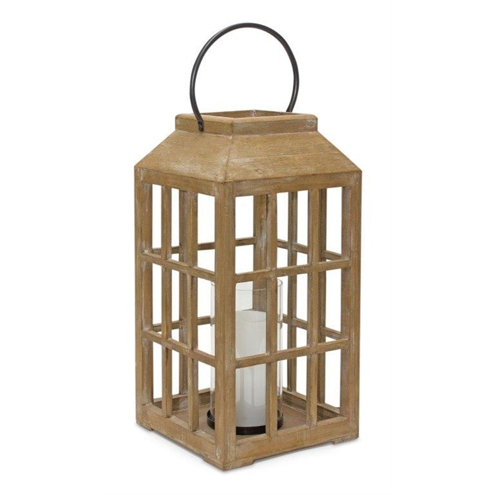 Natural Wooden 22.5" Lantern with Glass Hurricane - Lanterns