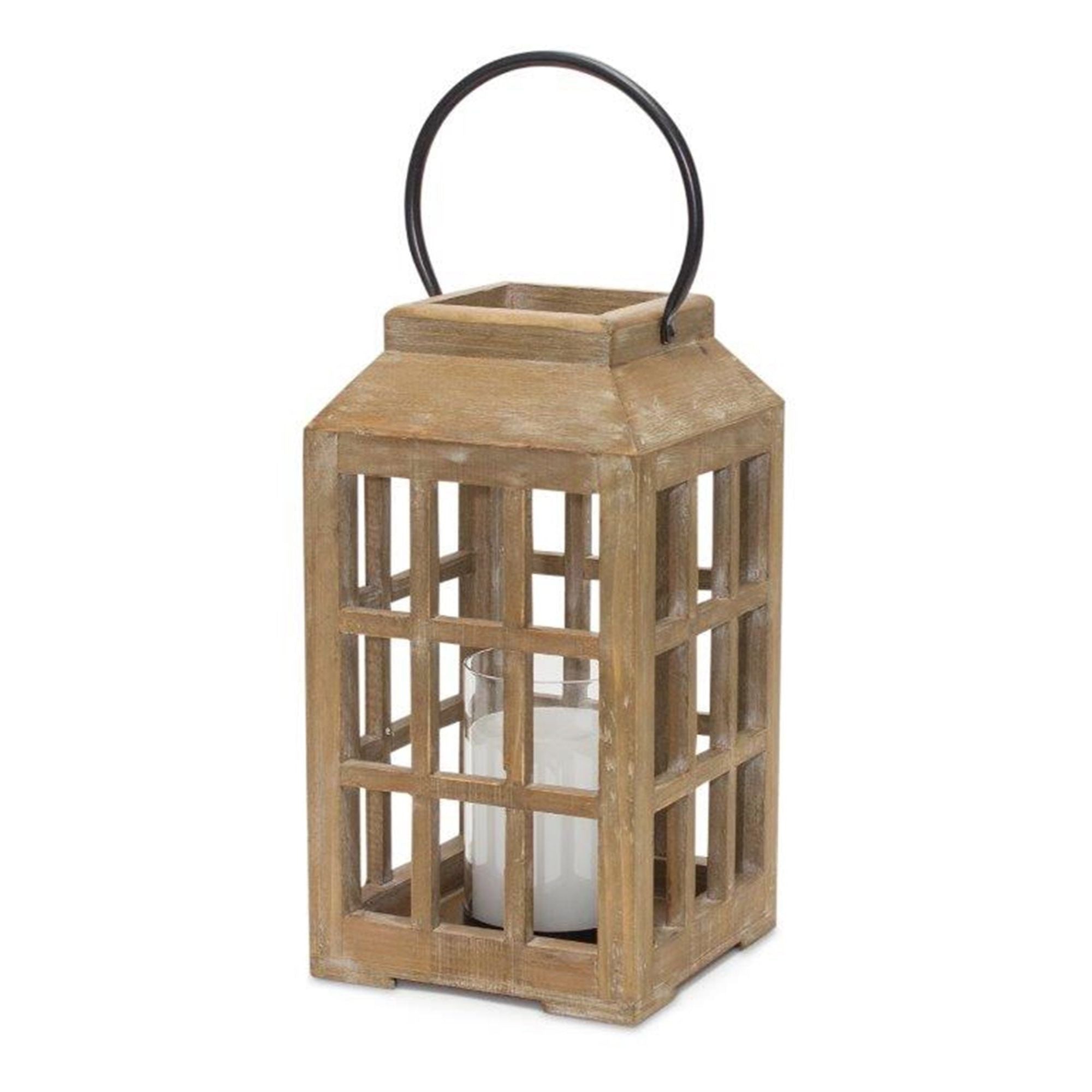 Natural Wooden 22.5" Lantern with Glass Hurricane - Lanterns