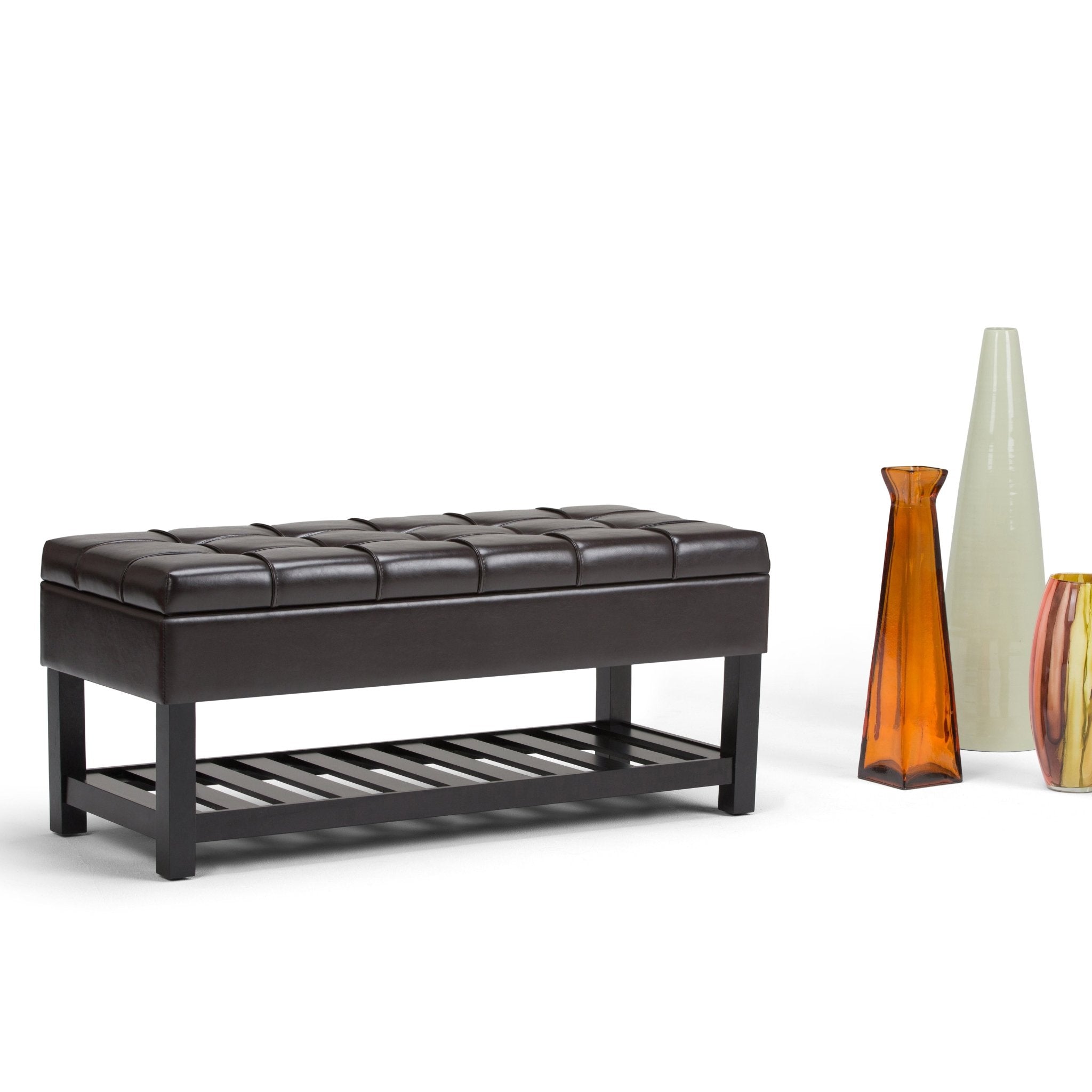 Novaesque Upholstered Storage Bench with Stitched Tufted Top and Open Slat Bottom Shelf - Benches