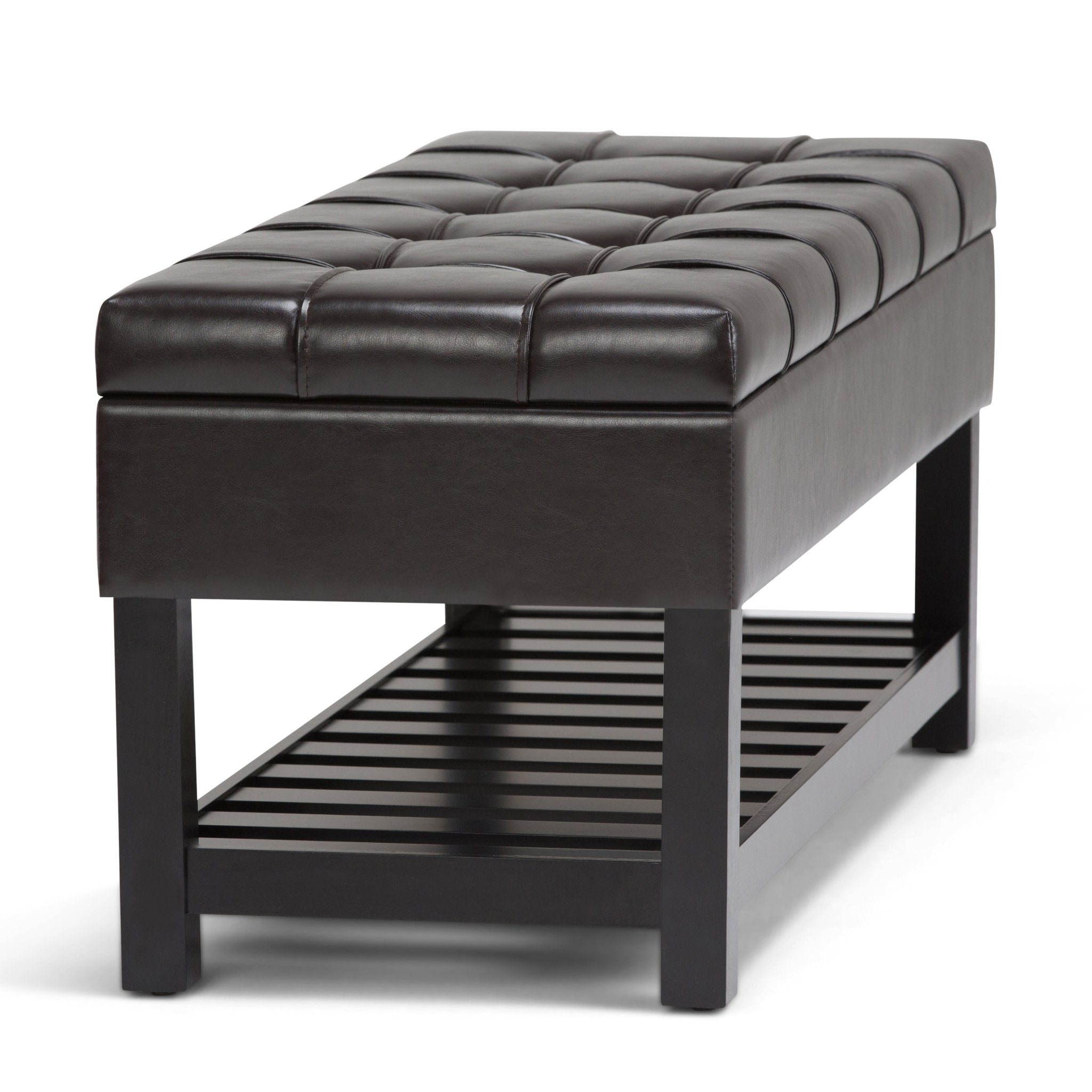Novaesque Upholstered Storage Bench with Stitched Tufted Top and Open Slat Bottom Shelf - Benches